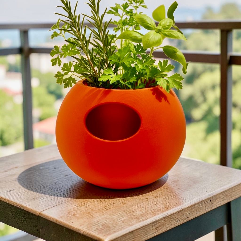 Orange Self-Watering Sphere Planter with small green houseplant – modern indoor plant pot