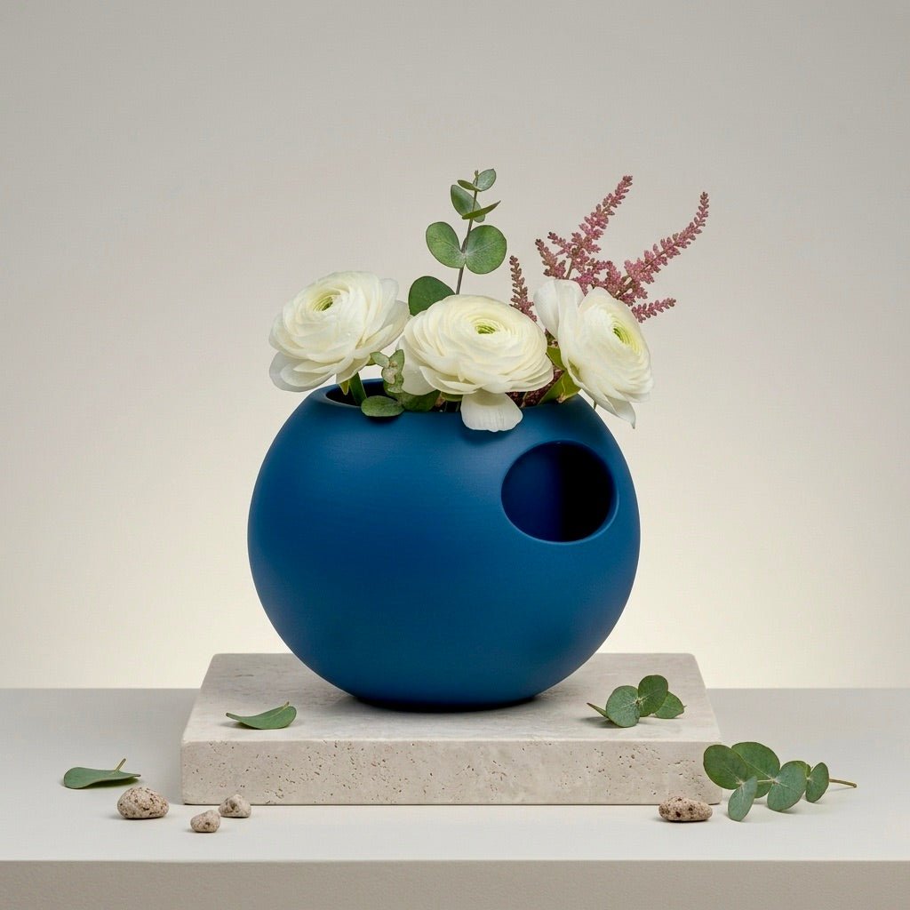 Marine Blue Self-Watering Sphere Planter with greenery – modern indoor plant pot