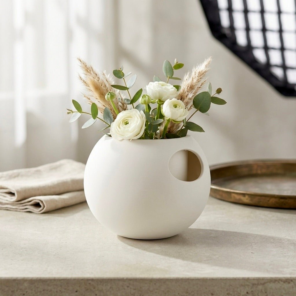 White Self-Watering Sphere Planter with small green houseplant – modern indoor plant pot