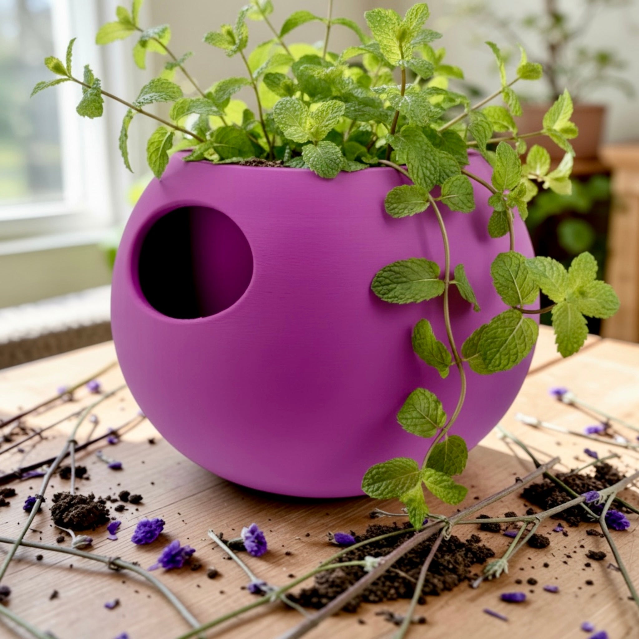 Purple Self-Watering Sphere Planter with small green houseplant – modern indoor plant pot