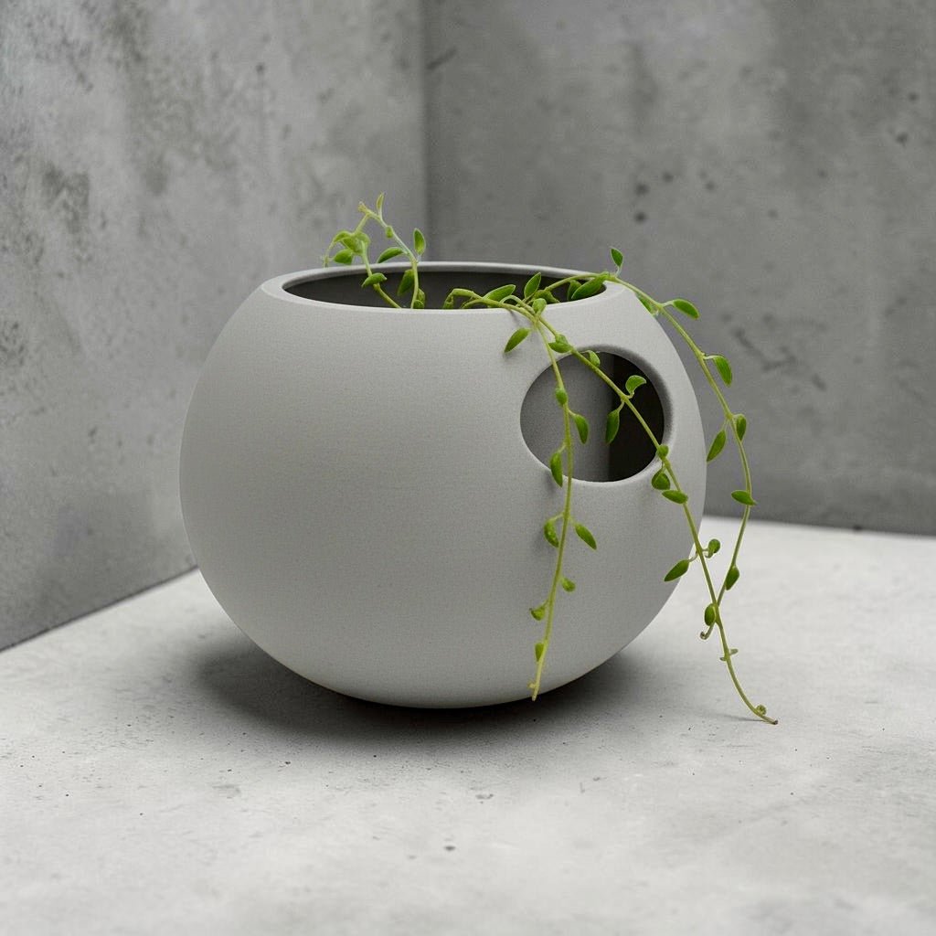 White Self-Watering Sphere Planter with small green houseplant – modern indoor plant pot