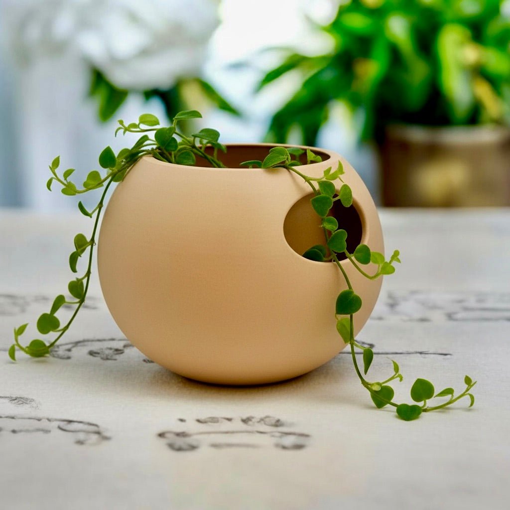 Tan Yellow Self-Watering Sphere Planter – modern sphere-form indoor plant pot