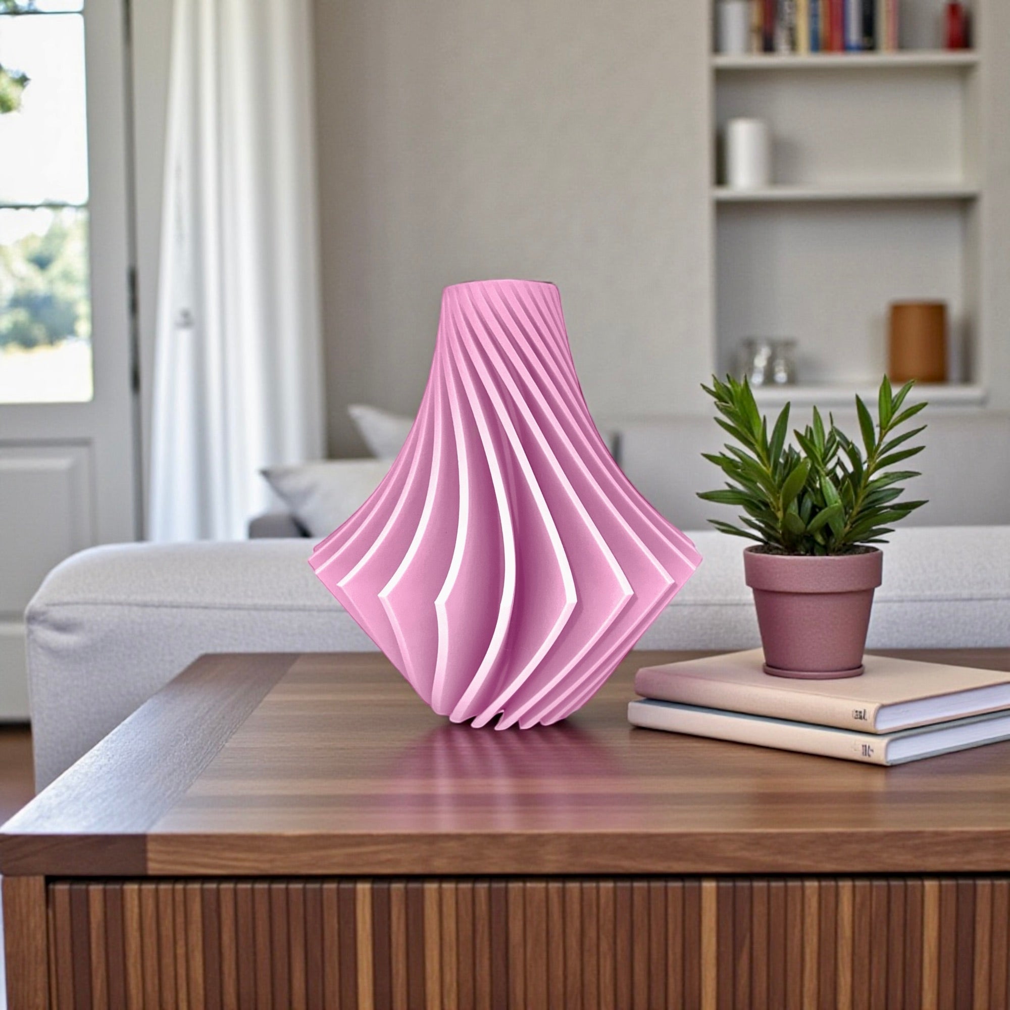 Spiral Vase twisted spiral detail – pink geometric ridge pattern sculptural decor