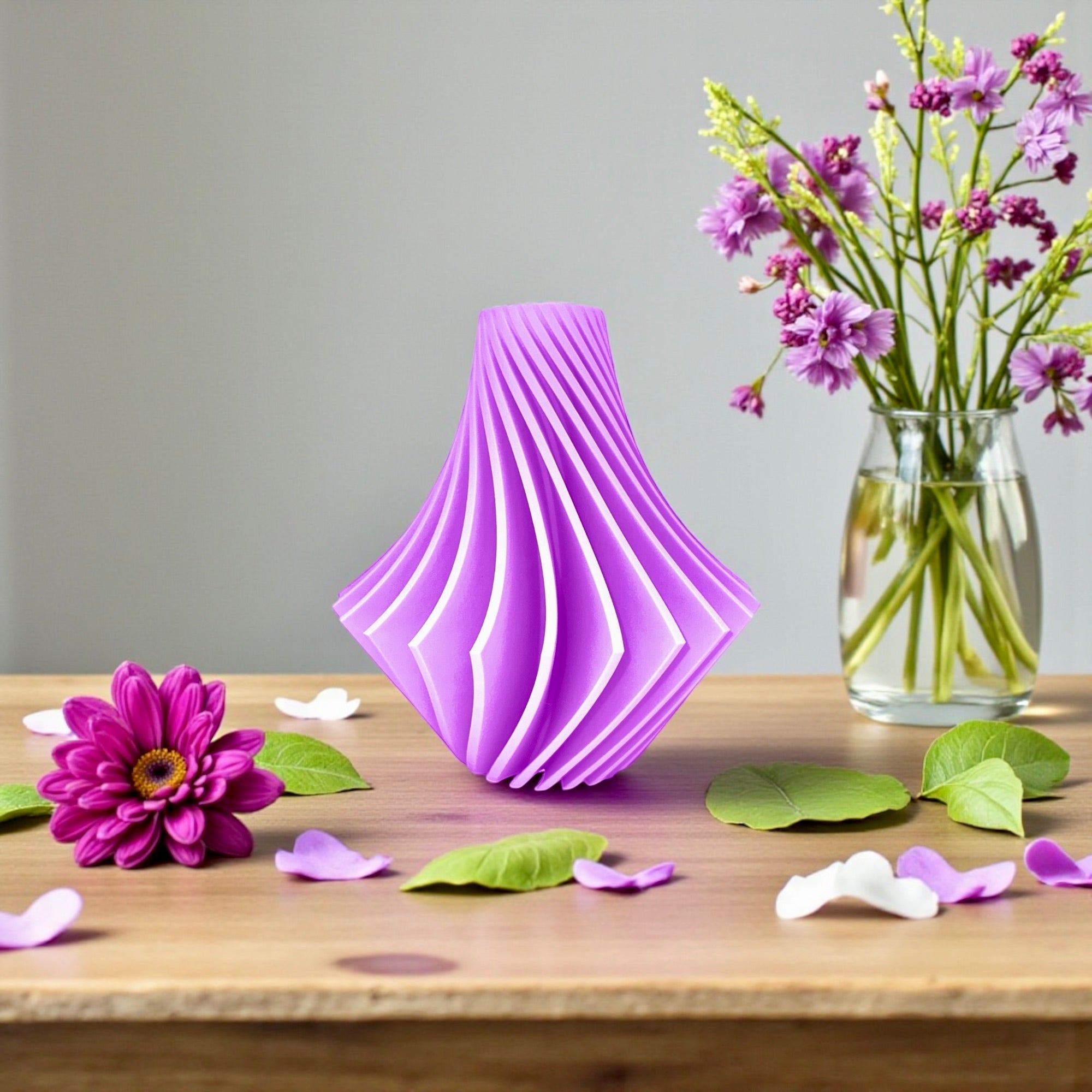 Spiral Vase twisted spiral detail – purple geometric ridge pattern sculptural decor