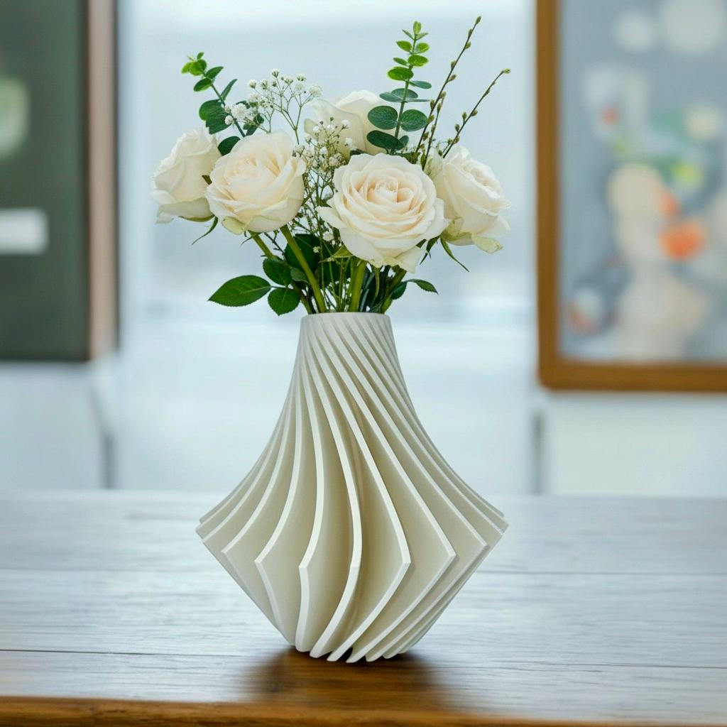 White Spiral Vase styled in modern interior – geometric spiral centerpiece