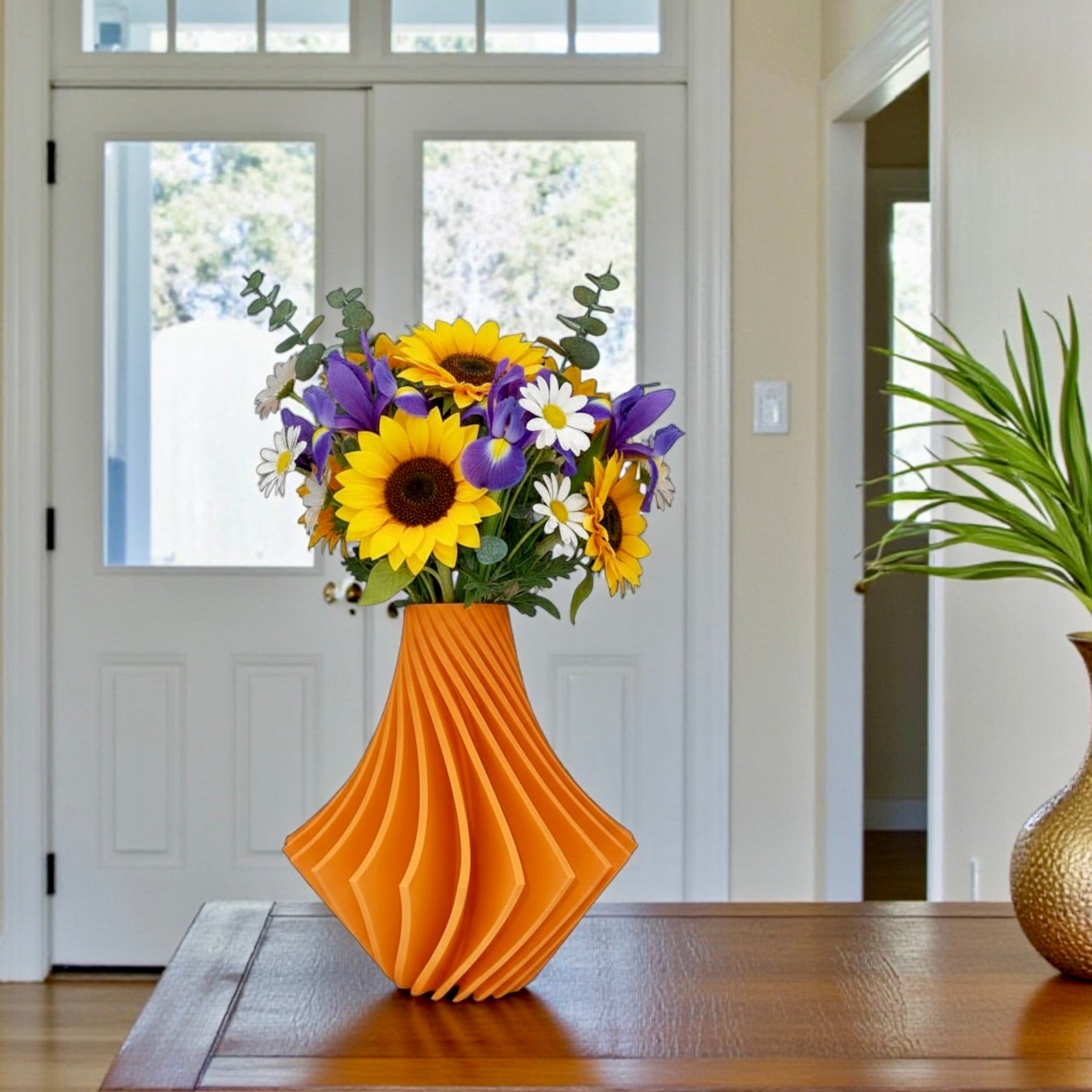 Spiral Vase twisted spiral detail – Orange geometric ridge pattern sculptural decor