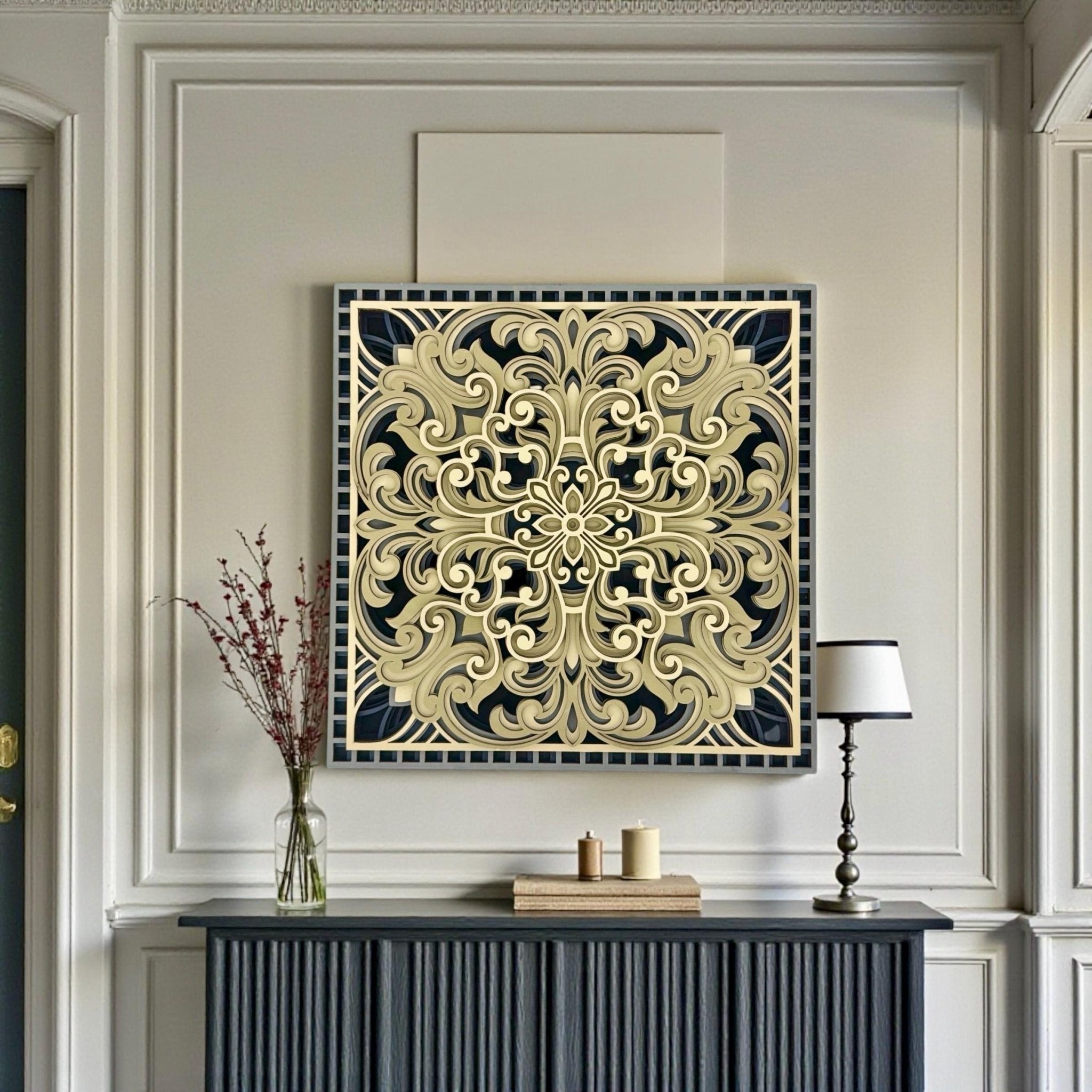 Nocturne Rosette Layered Wood Wall Art Laser Cut Hand Painted - PashmationWall Décor