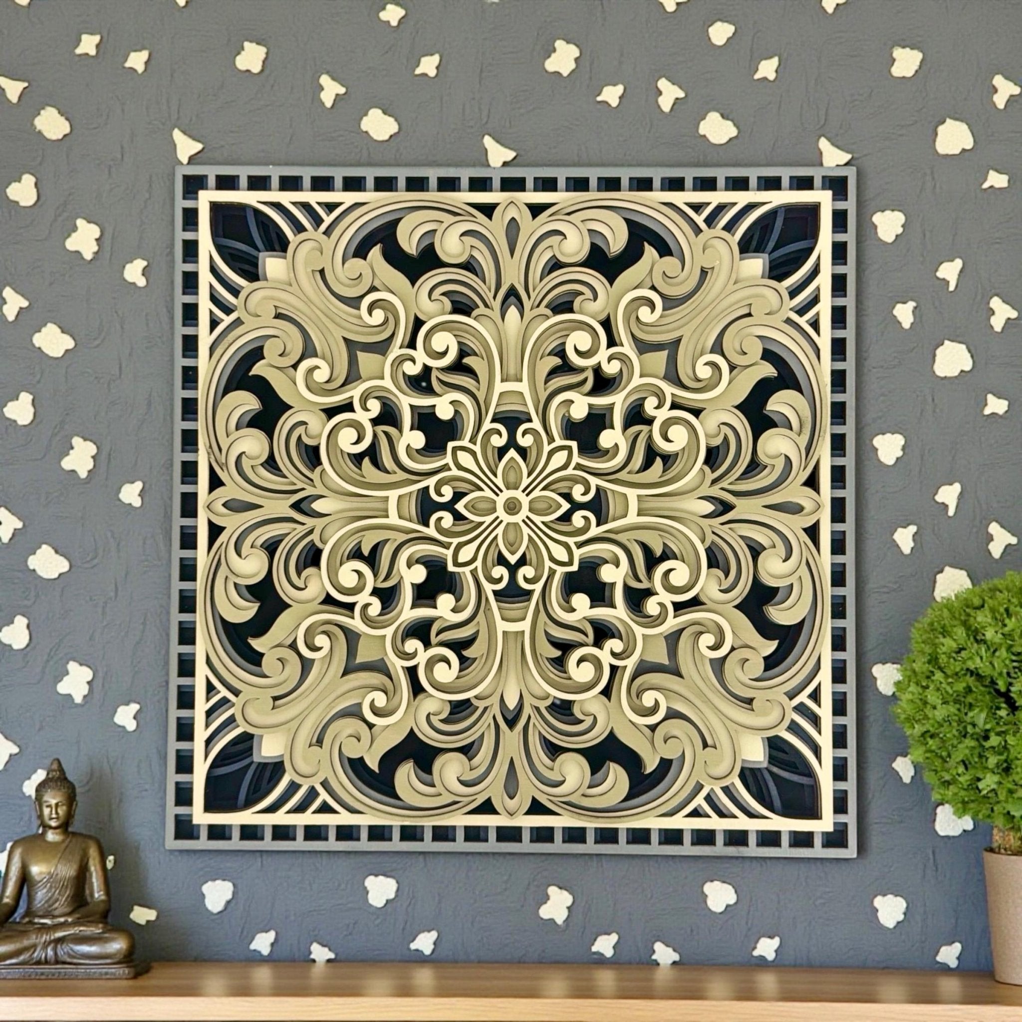 Nocturne Rosette Layered Wood Wall Art Laser Cut Hand Painted - PashmationWall Décor