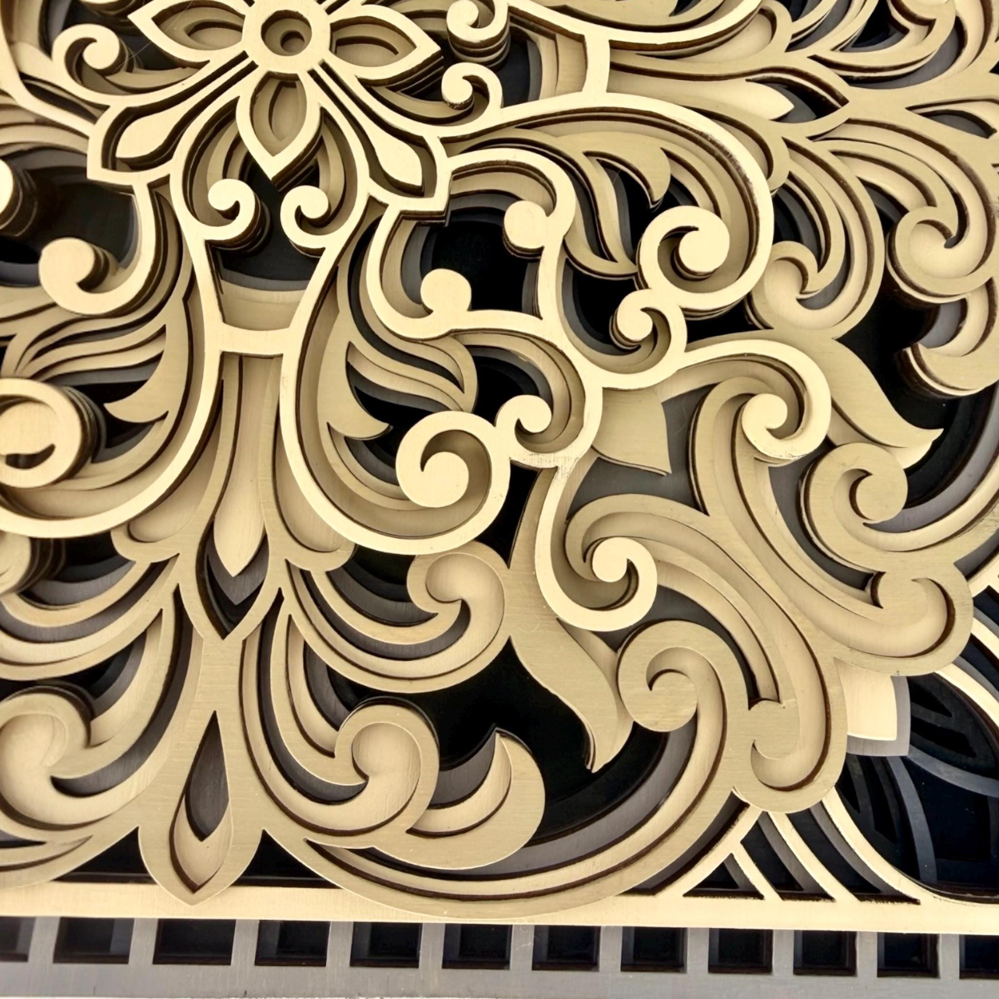 Nocturne Rosette Layered Wood Wall Art Laser Cut Hand Painted - PashmationWall Décor