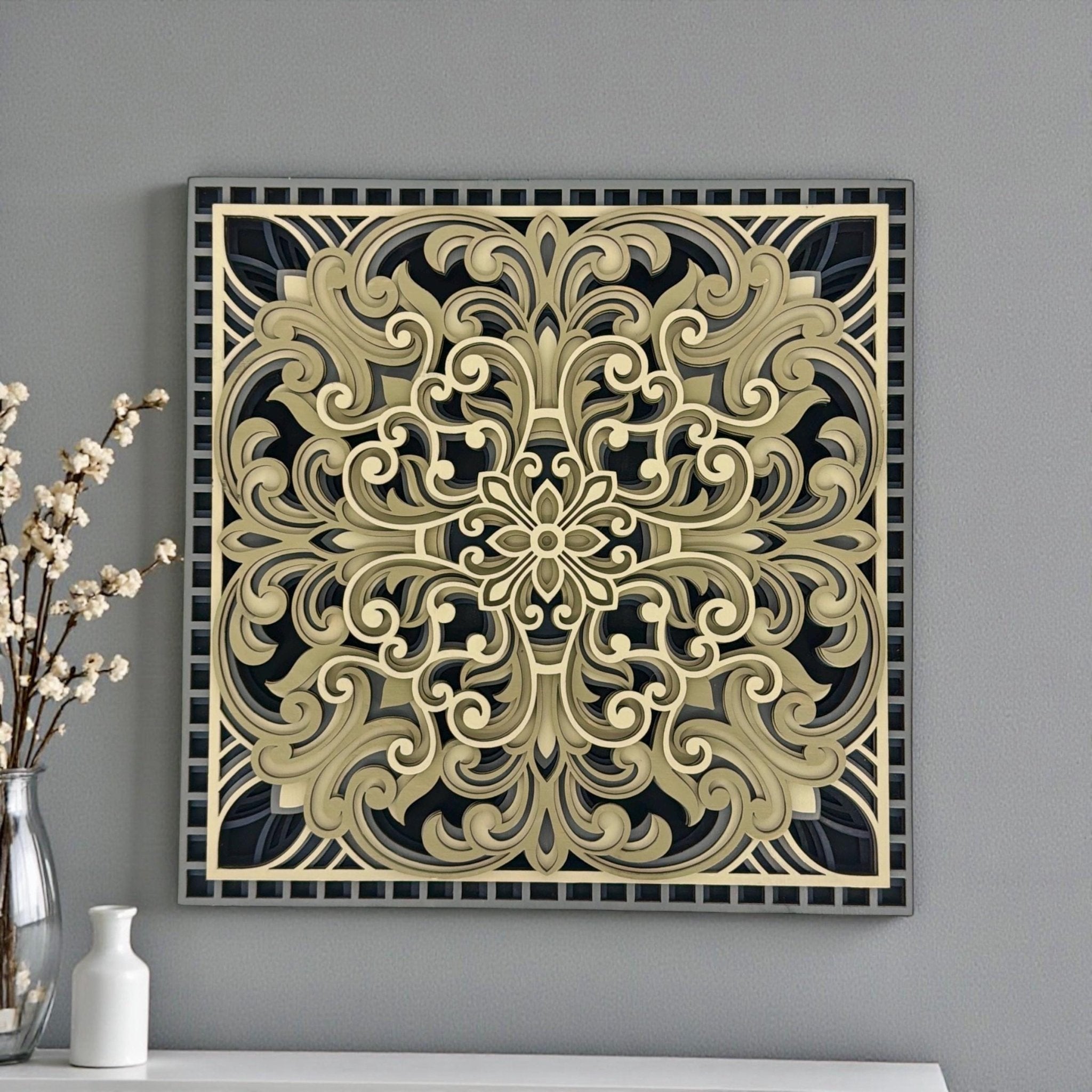 Nocturne Rosette Layered Wood Wall Art Laser Cut Hand Painted - PashmationWall Décor