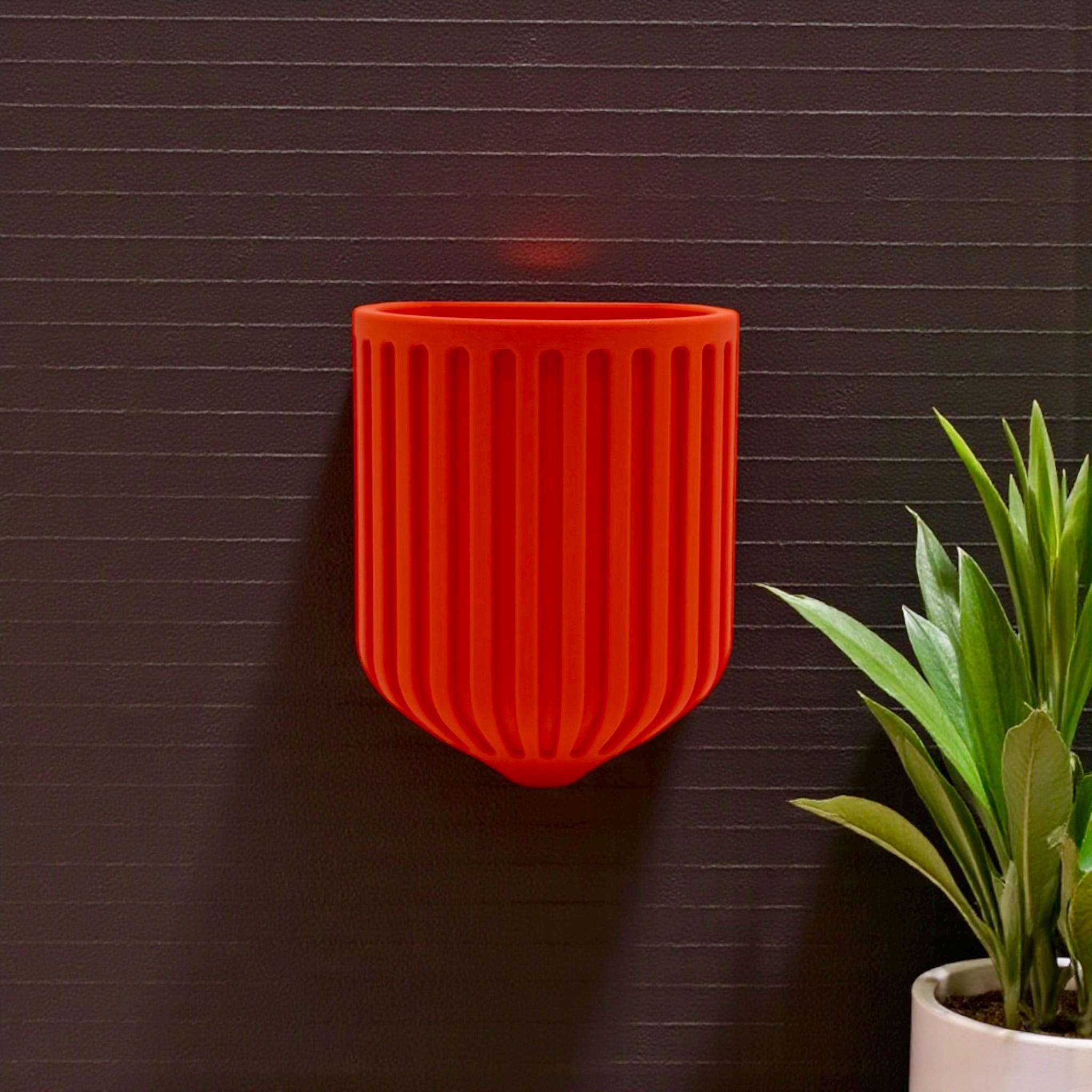 Dark Red Nordic Wall Vase – ribbed sculptural wall-mounted shield-form vase