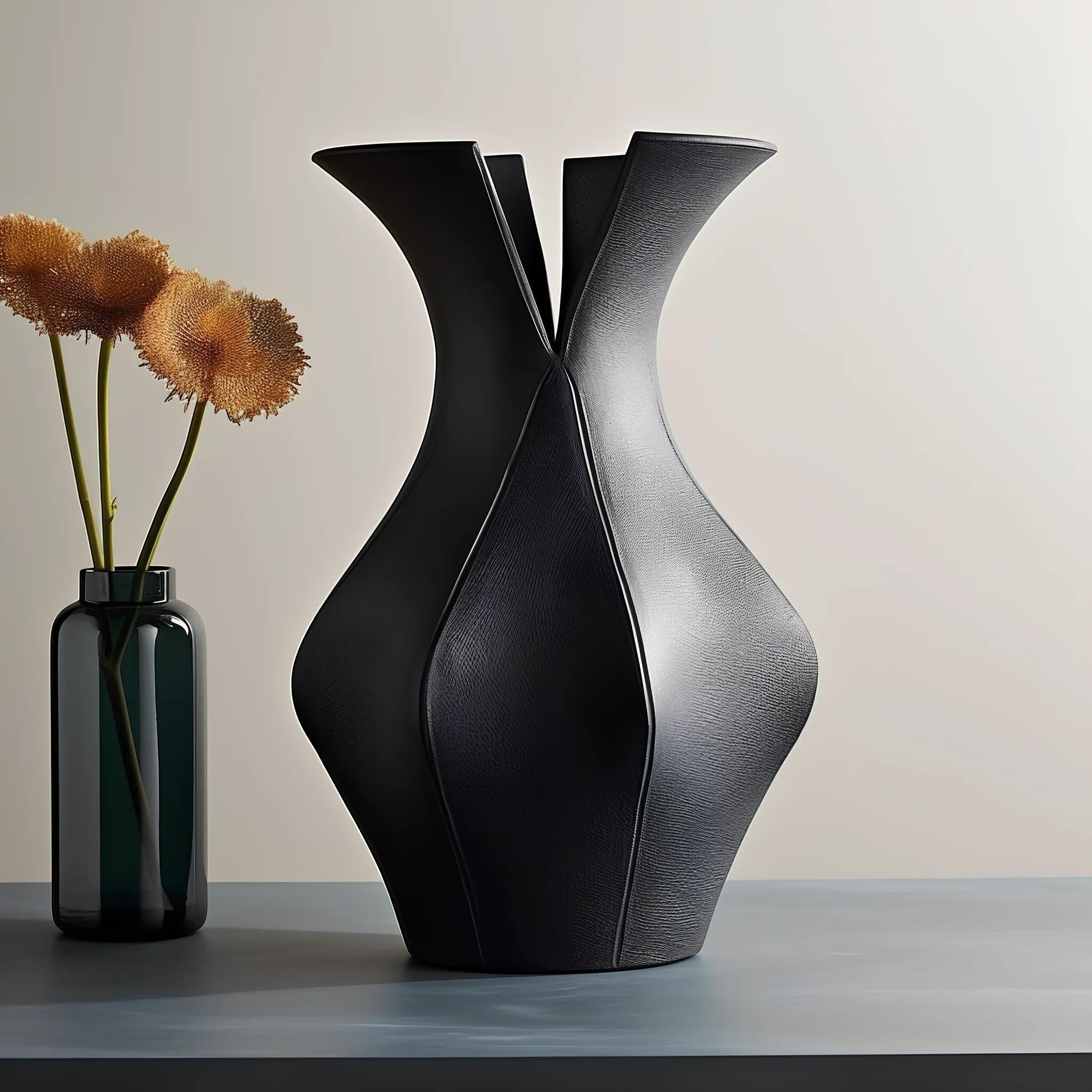 Pashmation Nova Vase, a 9.5-inch tall black 3D-printed geometric flower vase with a modern sculptural design.