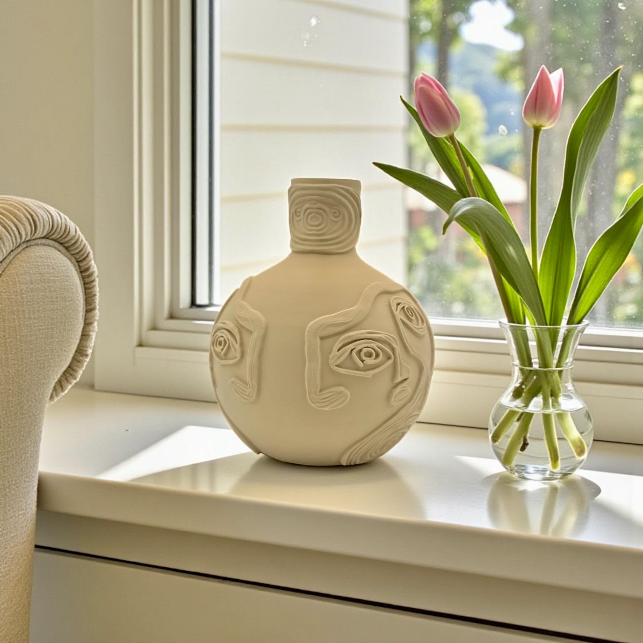 Cream Picasso Face Vase styled with ceramic group – sculptural art decor
