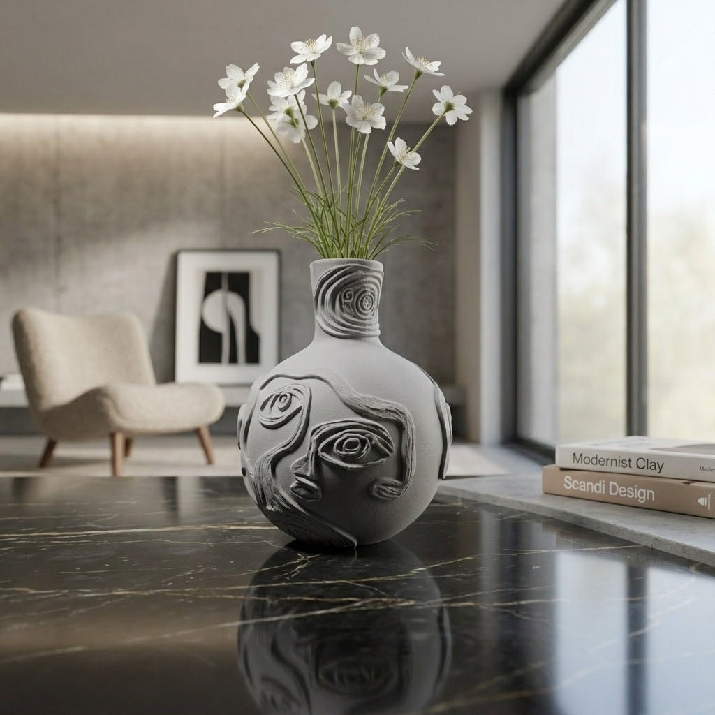 Dark gray Picasso Face Vase styled on console – abstract art decor