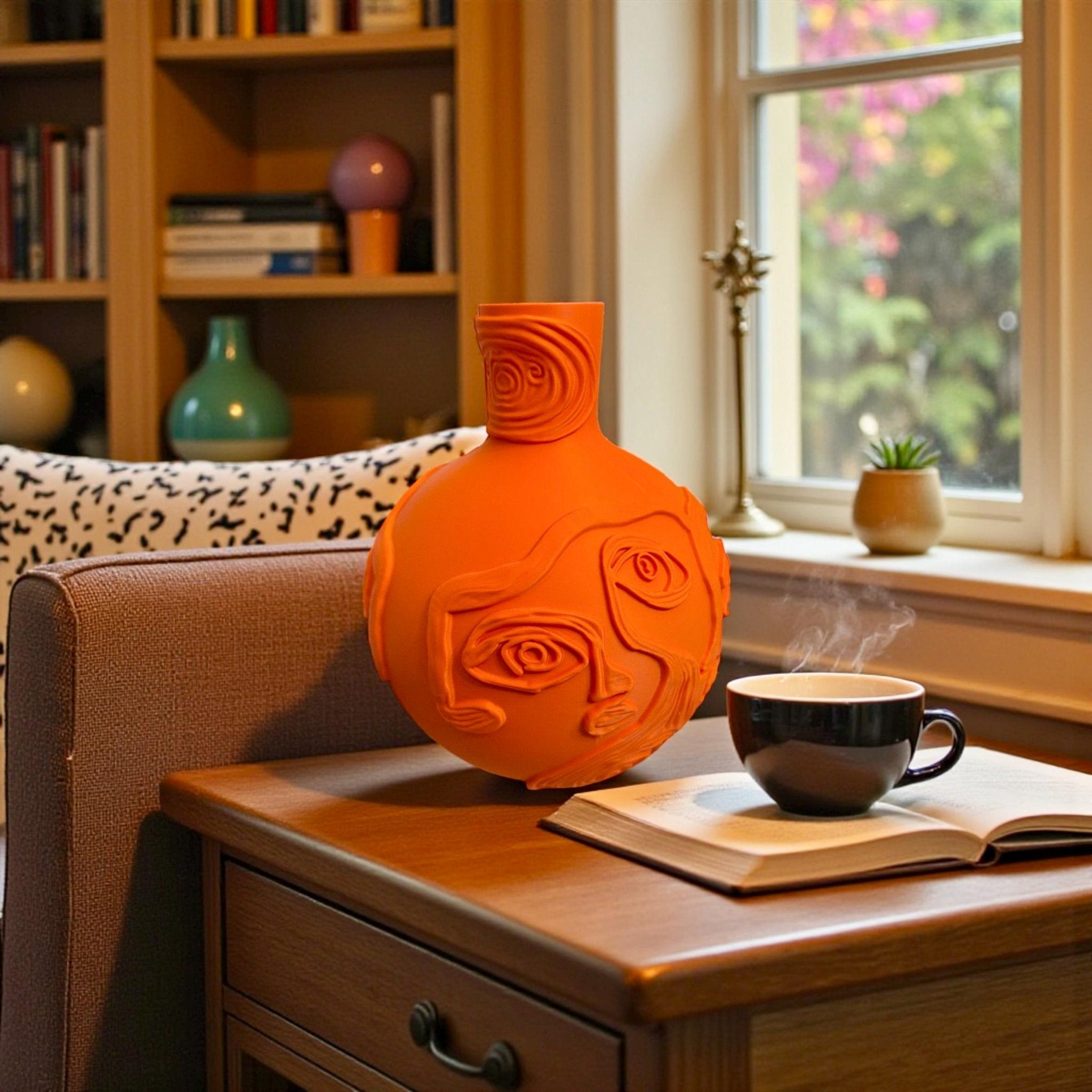 Orange Picasso Face Vase – embossed abstract face relief decor
