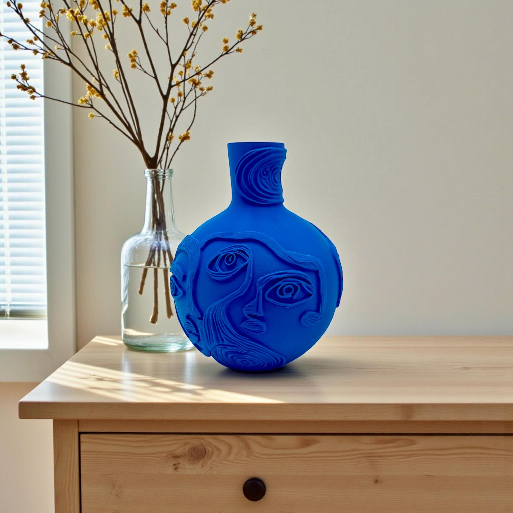 Blue Picasso Face Vase with dried botanicals – abstract art decor centerpiece