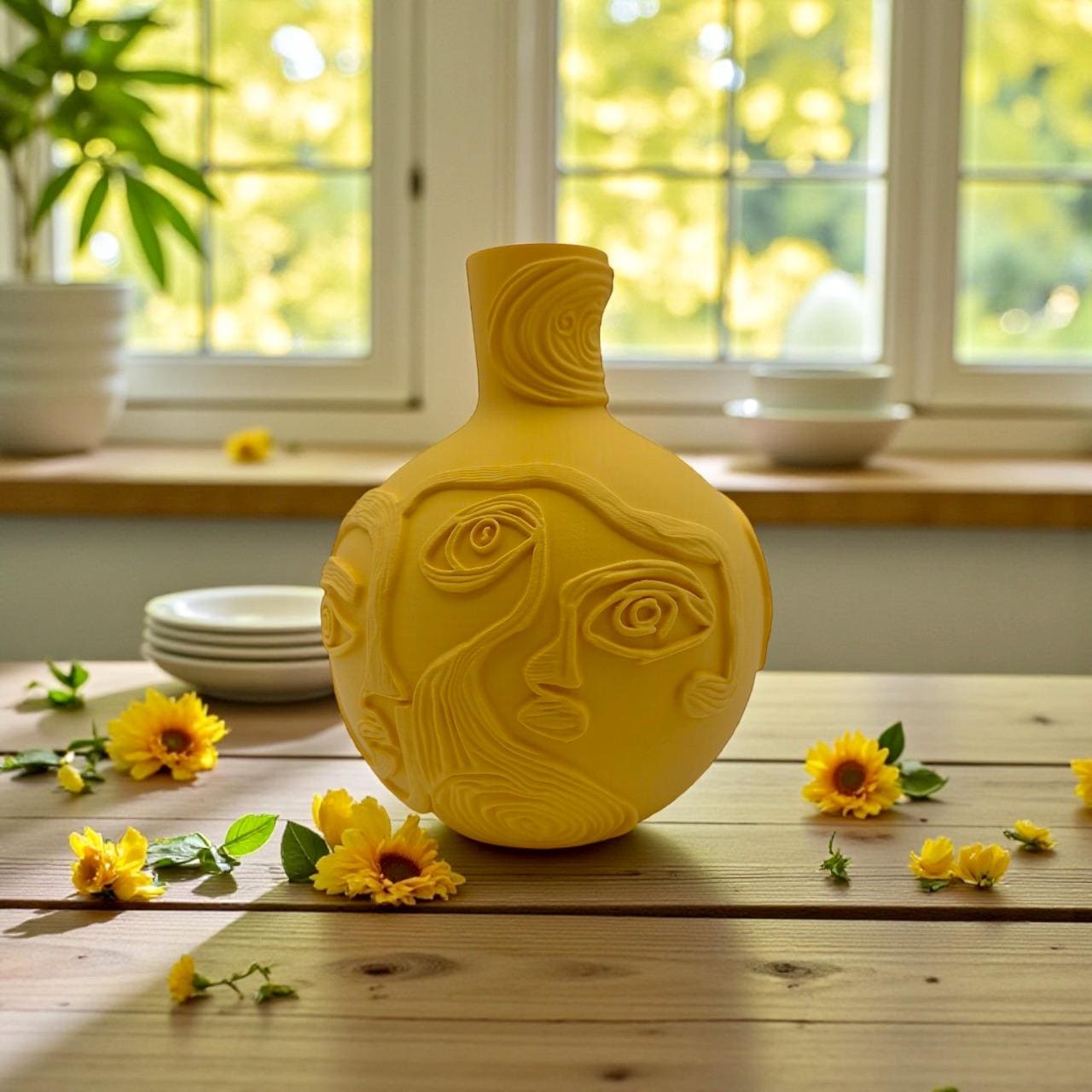 Yellow Picasso Face Vase – wide disc-form art-inspired sculptural decor