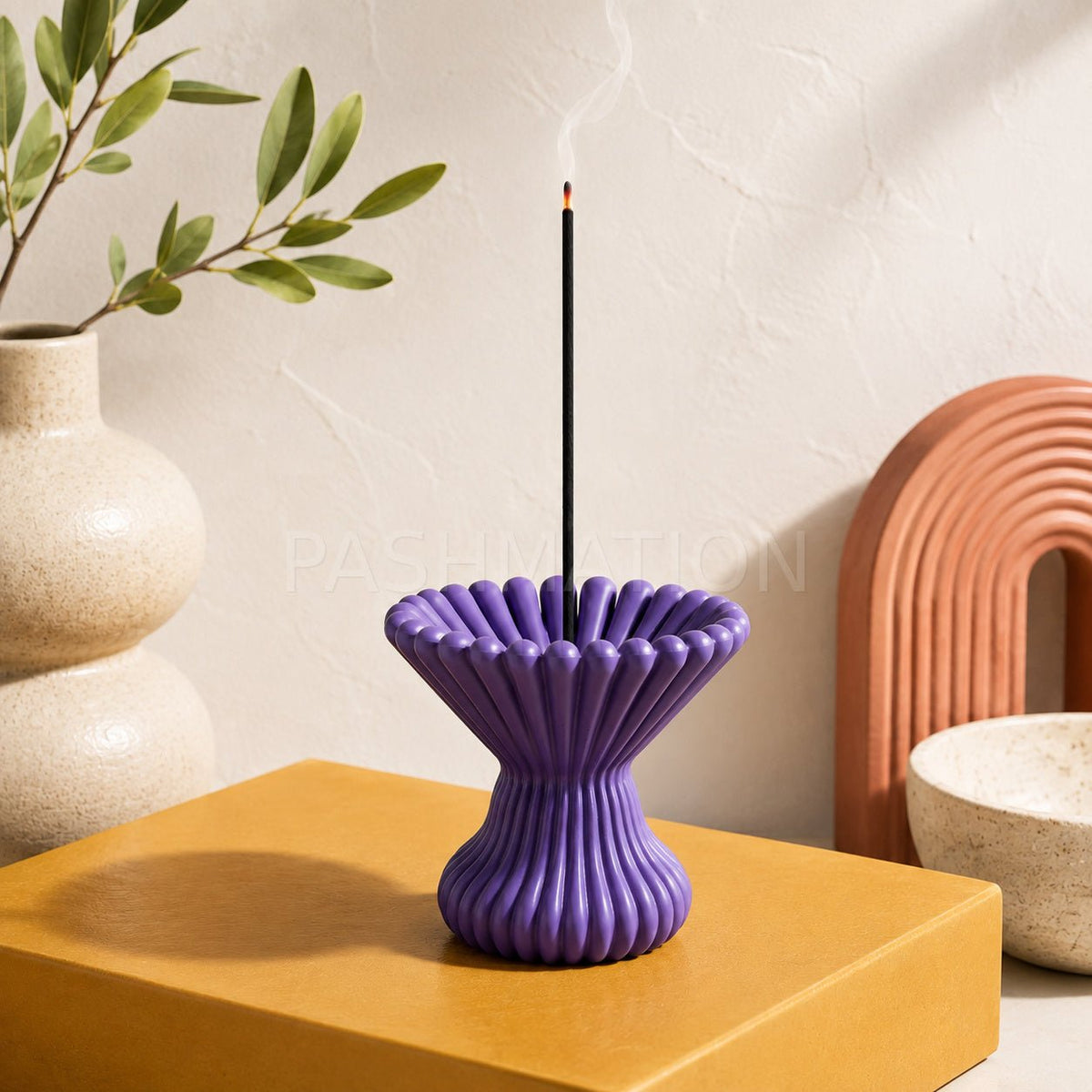 Pleated Lotus Flame Incense Holder | Zen Meditation Decor Aromatherapy Burner with Ash Catcher Tray by Pashmation