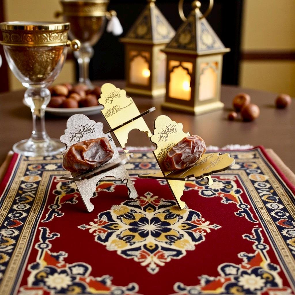 Ramadan date holder set on Ramadan iftar table – gold and silver acrylic decor