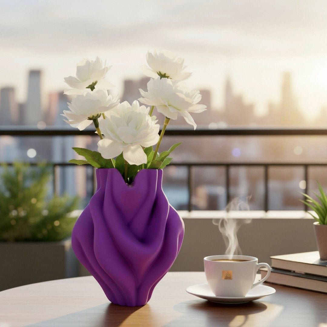 Purple Ripple Bubblegum Vase styled with branches – bulbous sculptural decor