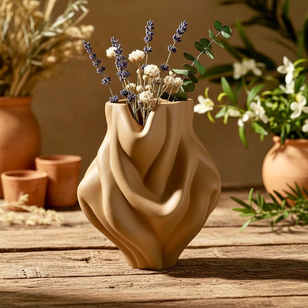Cream Ripple Bubblegum Vase styled with eucalyptus – modern home decor