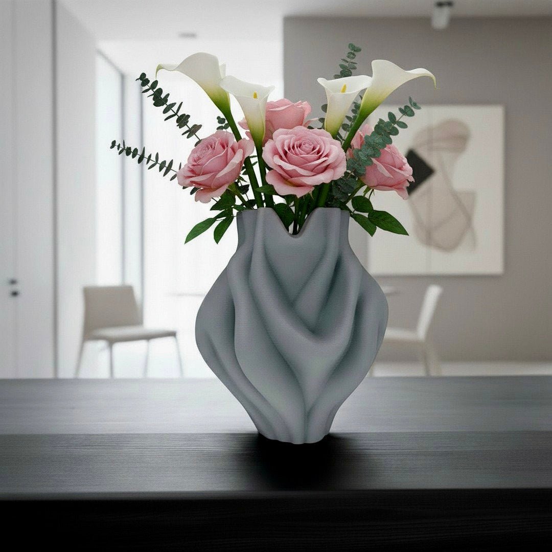 Grey Ripple Bubblegum Vase styled with branches – bulbous sculptural decor