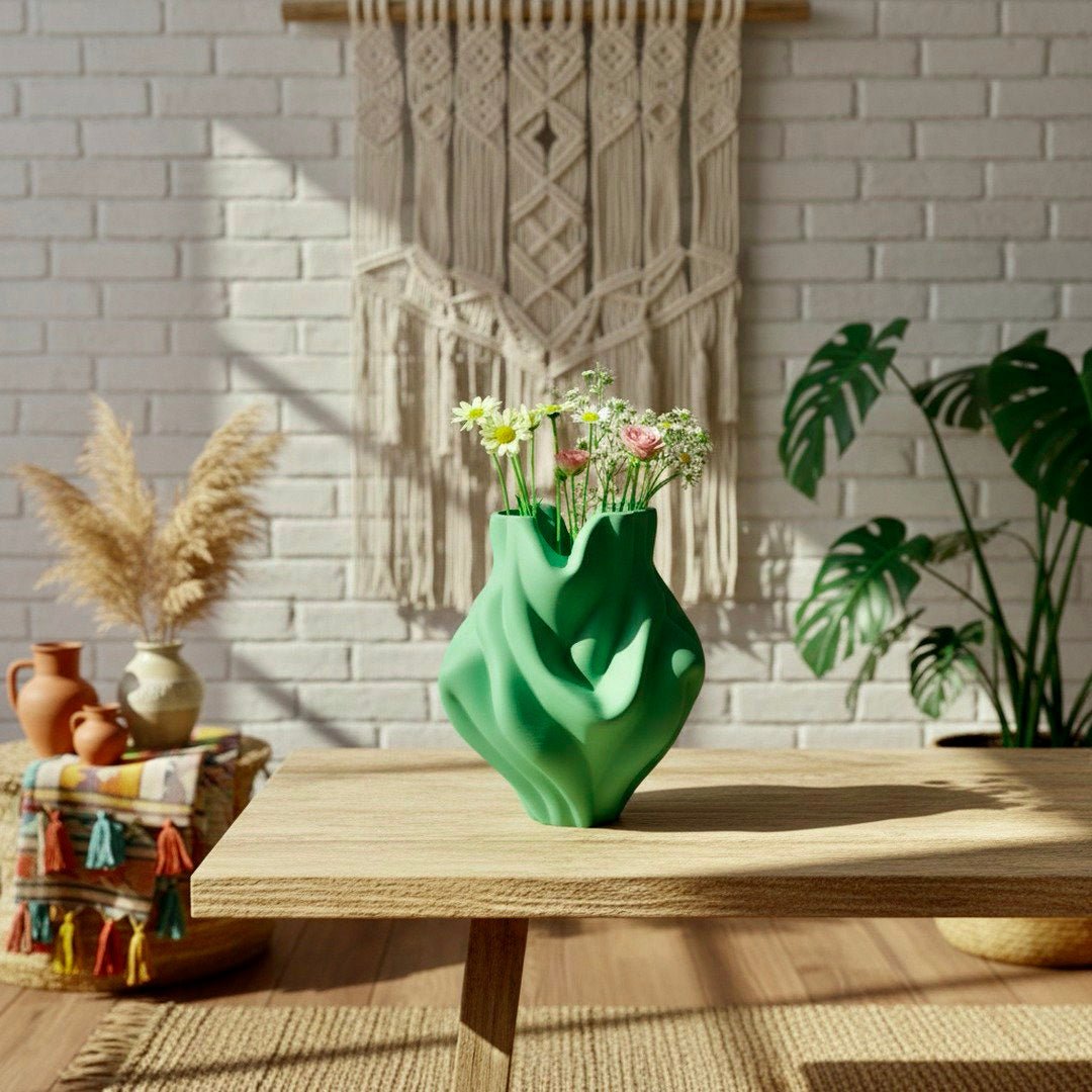 Green Ripple Bubblegum Vase styled with branches – bulbous sculptural decor