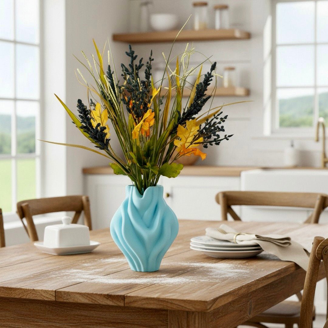 Light blue Ripple Bubblegum Vase with botanicals on styled table