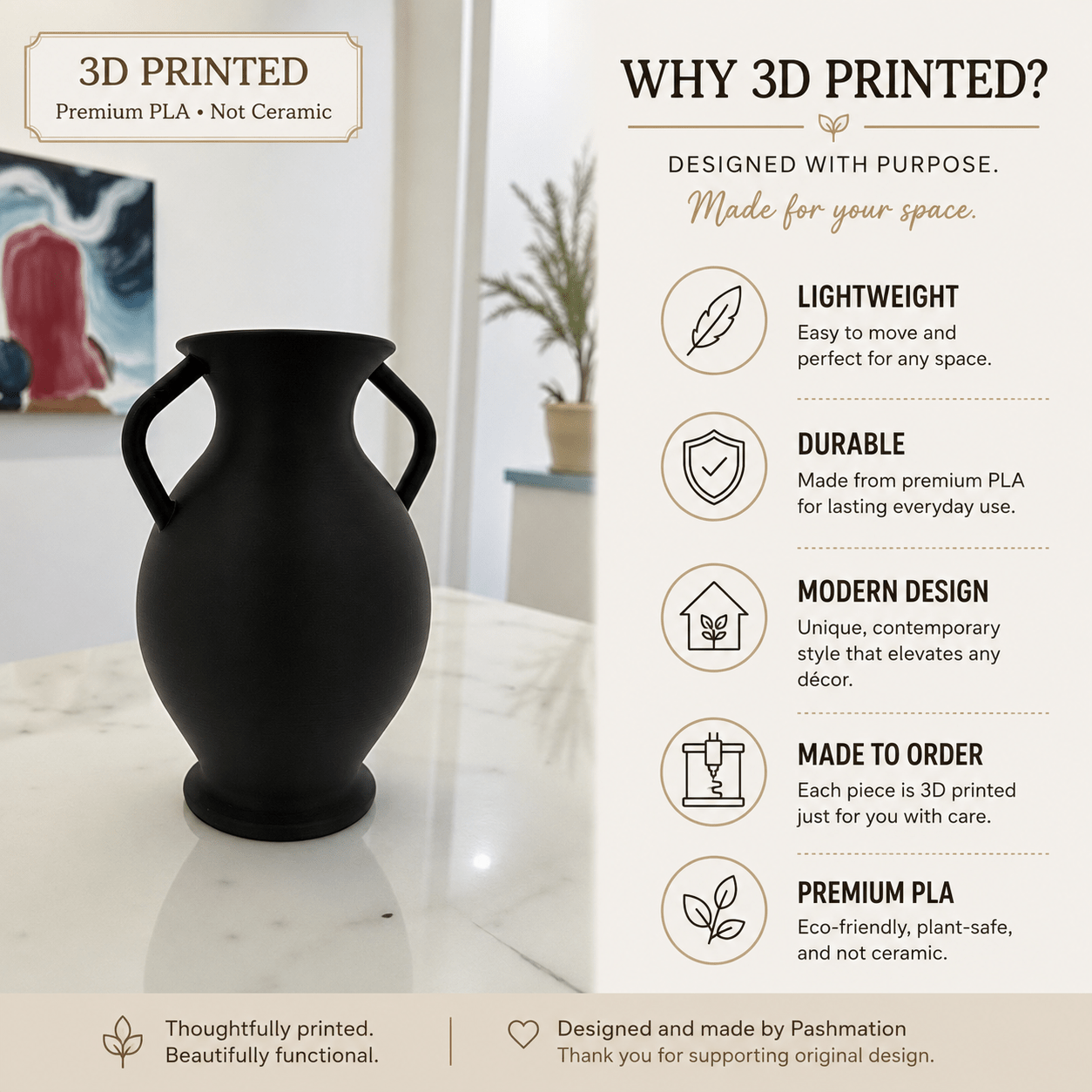 Rustic Amphora Vase | Handled Sculptural Centerpiece by Pashmation