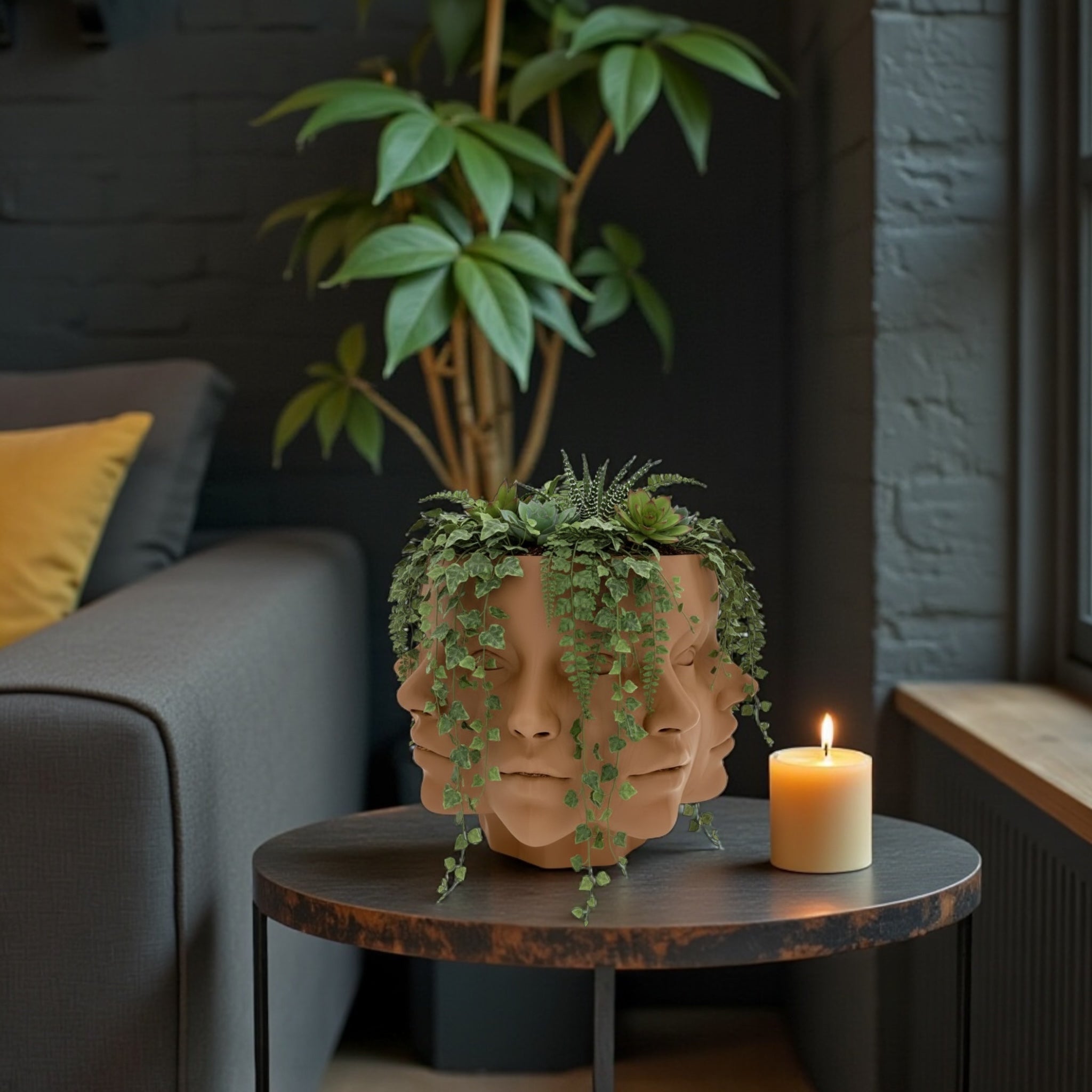 Brown Multi-Face Planter – multi-face portrait relief sculptural planter