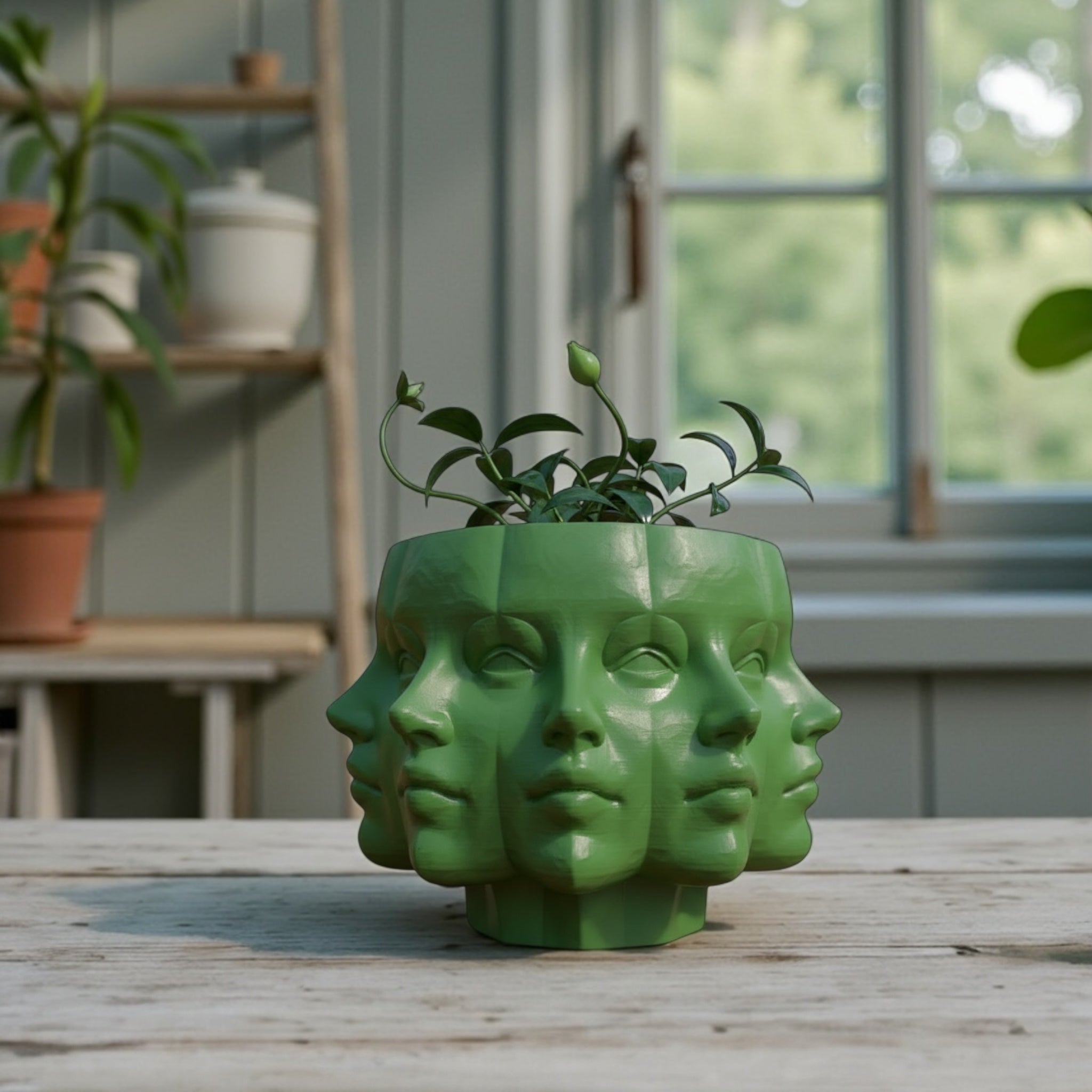 Green Multi-Face Planter with houseplant – sculptural figural planter