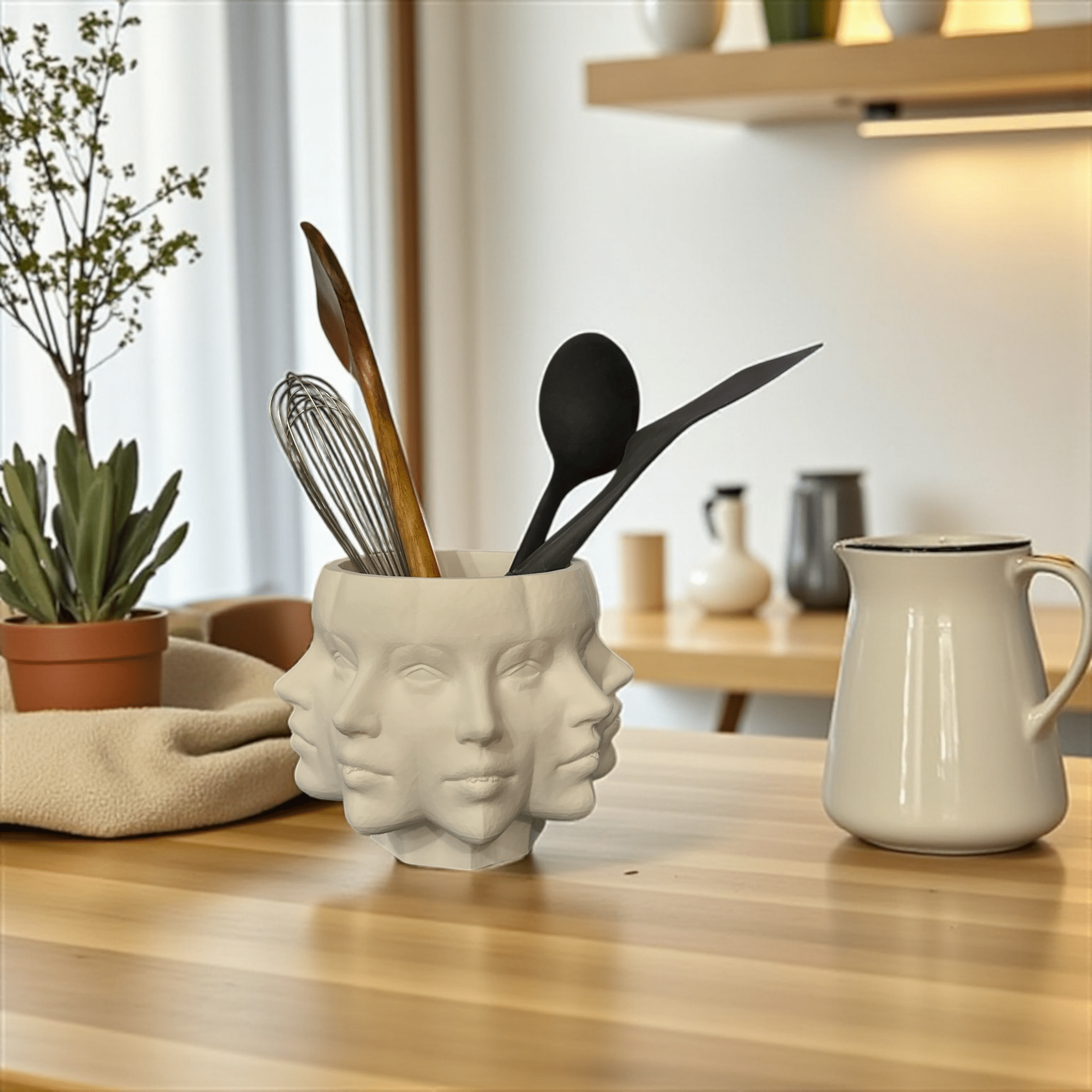 White Multi-Face Planter with plant on console – sculptural figural decor