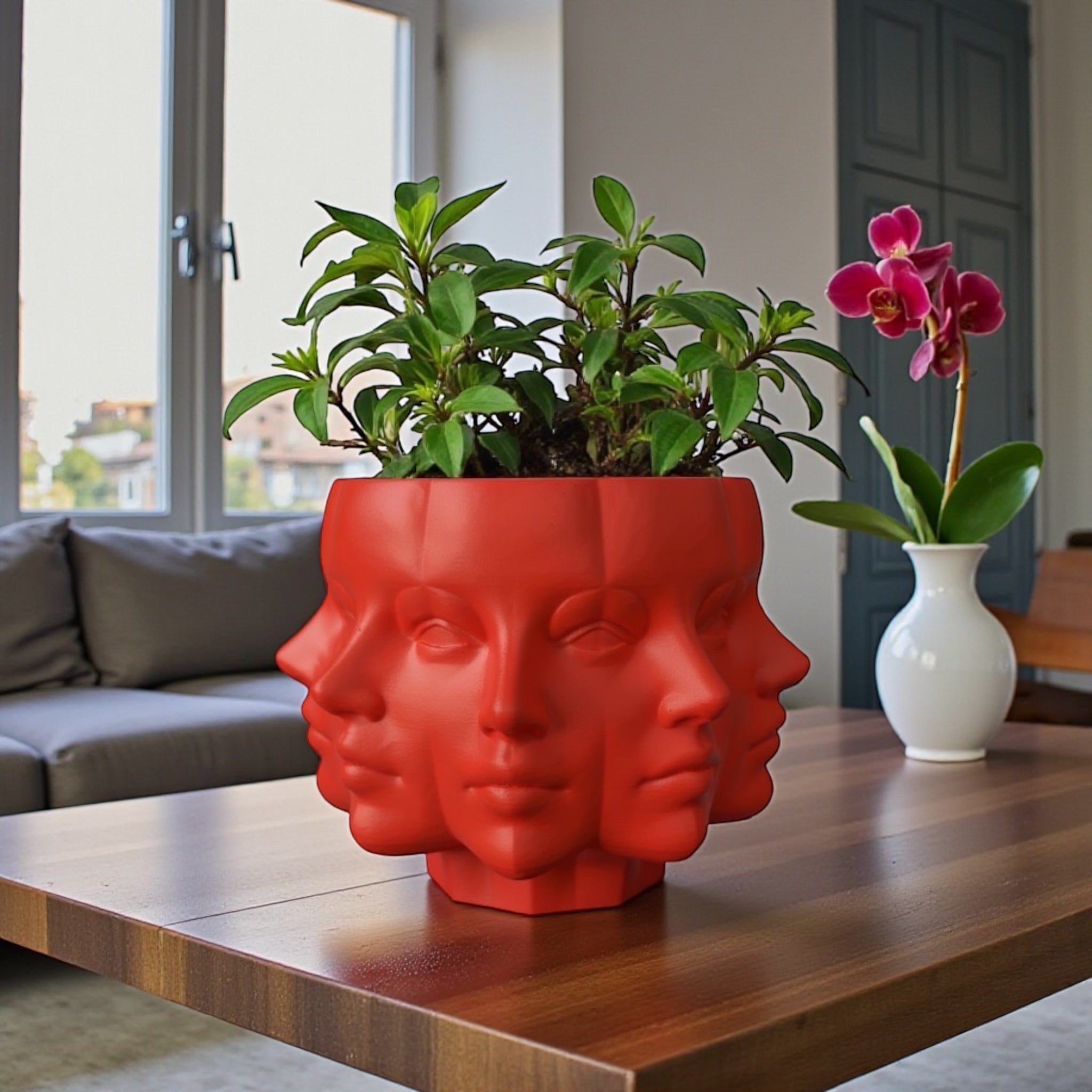 Grey Multi-Face Planter styled with houseplant – figural sculptural decor