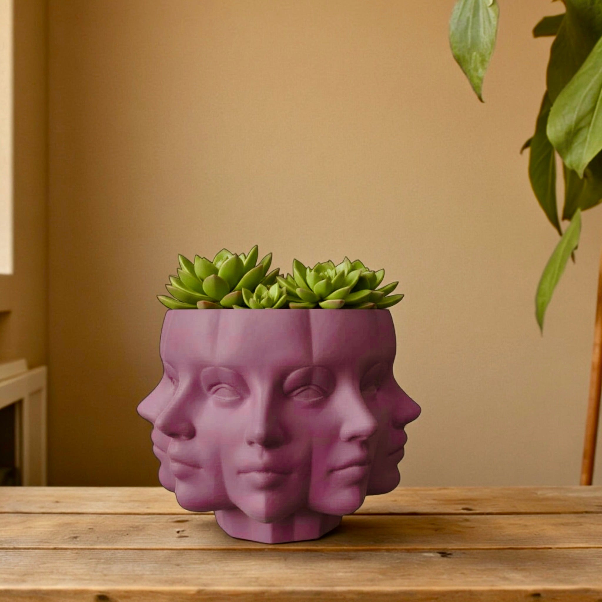 Grey Multi-Face Planter styled with houseplant – figural sculptural decor