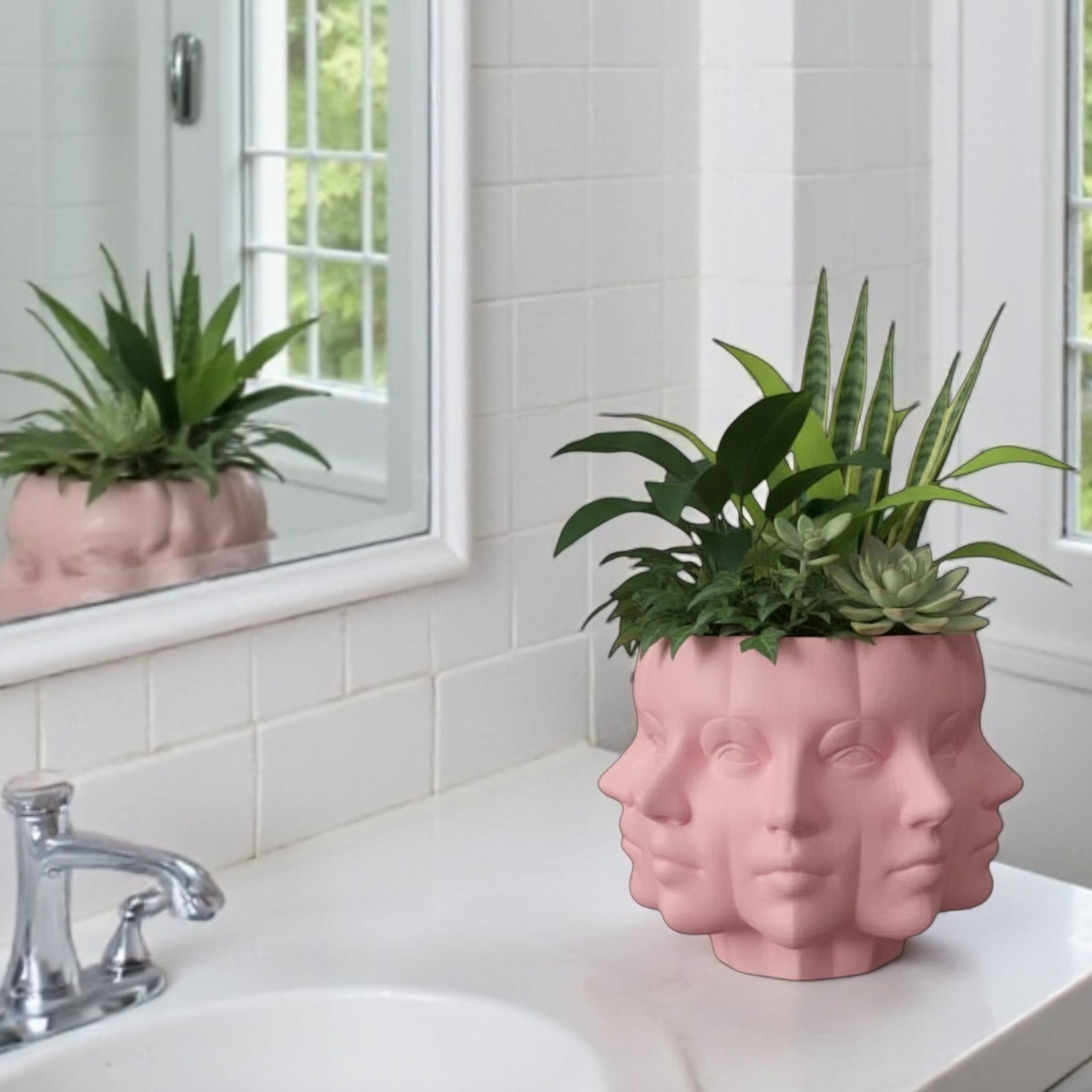 Pink Multi-Face Planter styled with houseplant – figural sculptural decor