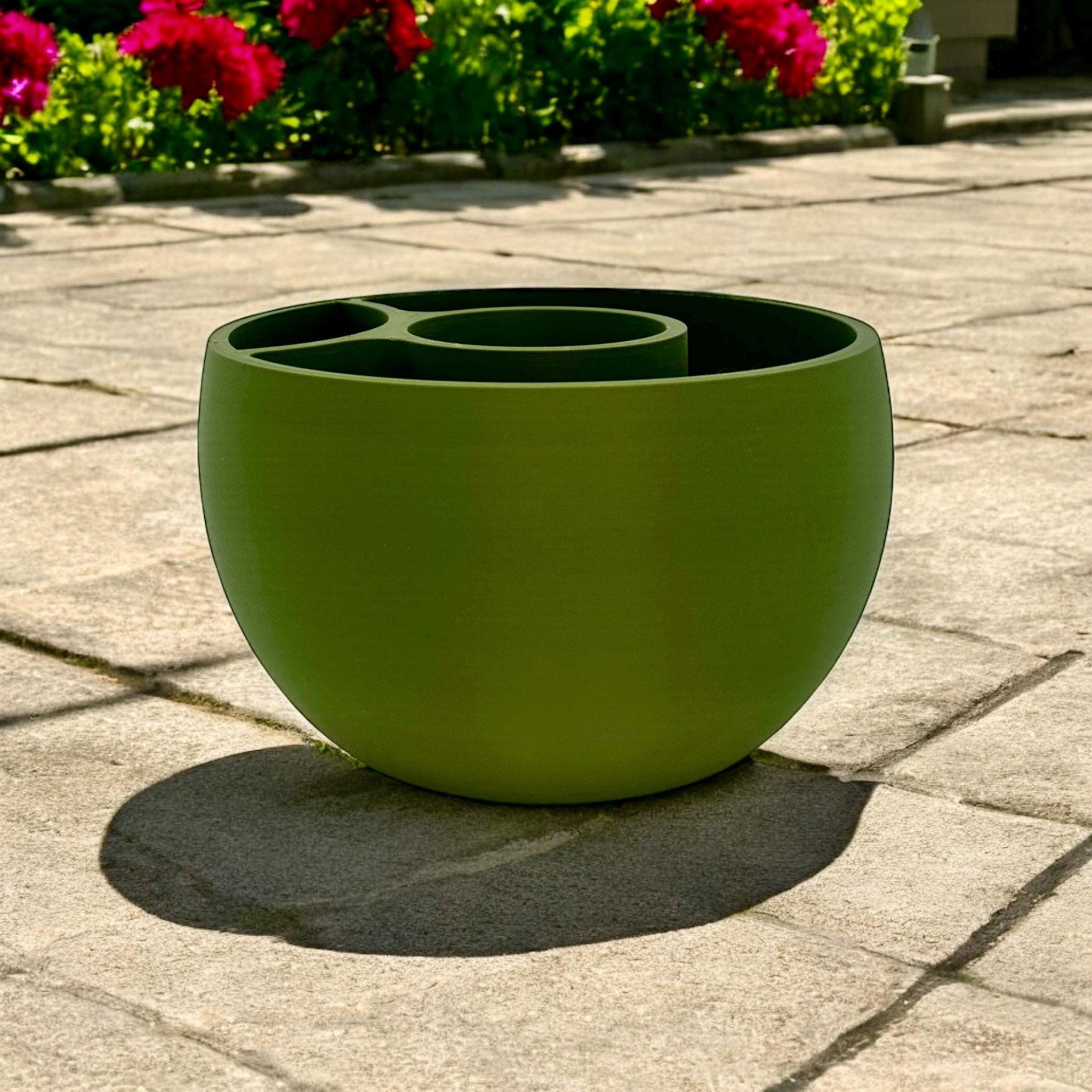 Green Multi-Plant Self-Watering Planter on patio – 3-section bowl-form indoor pot