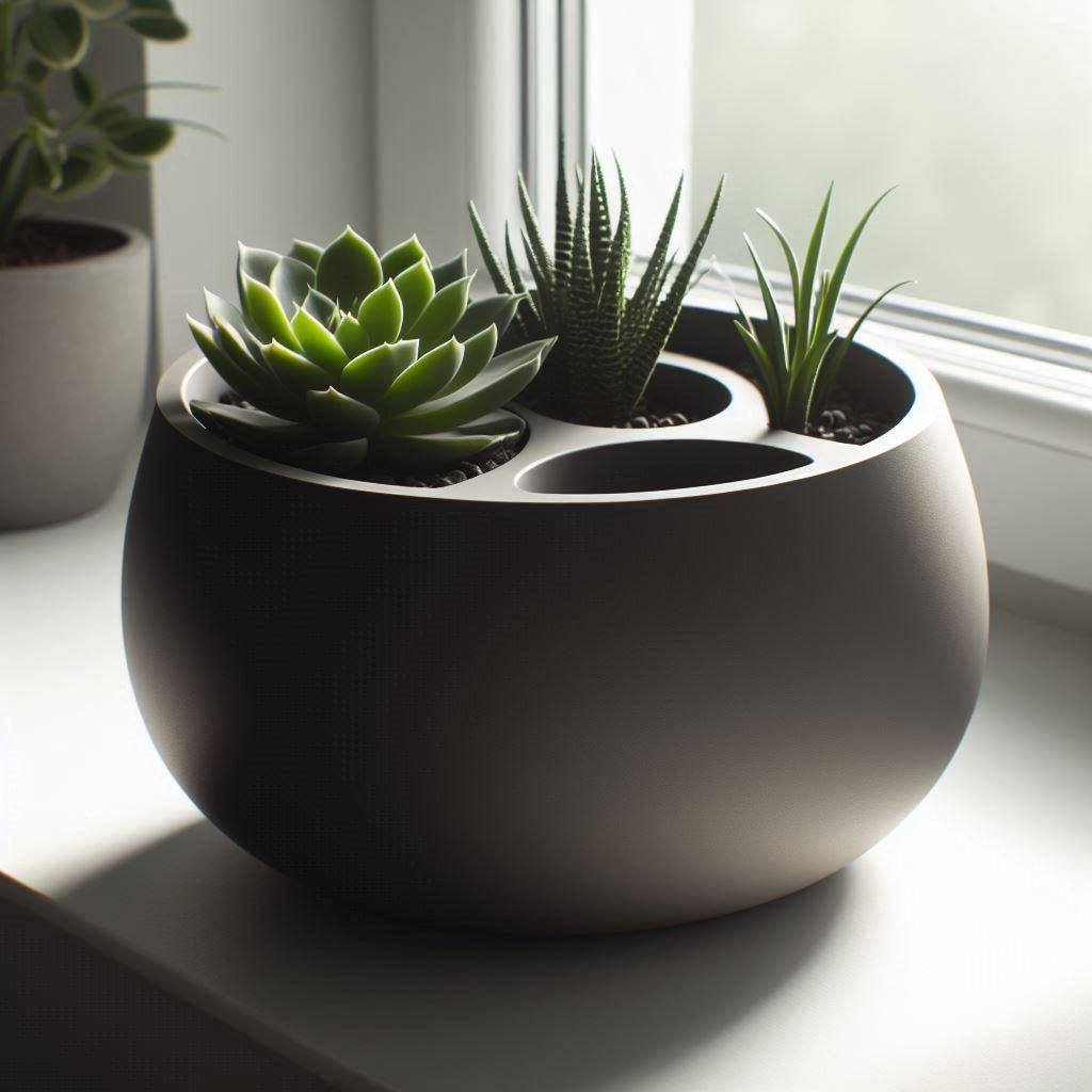 Black Multi-Plant Self-Watering Planter on windowsill with succulents – 3-section indoor pot
