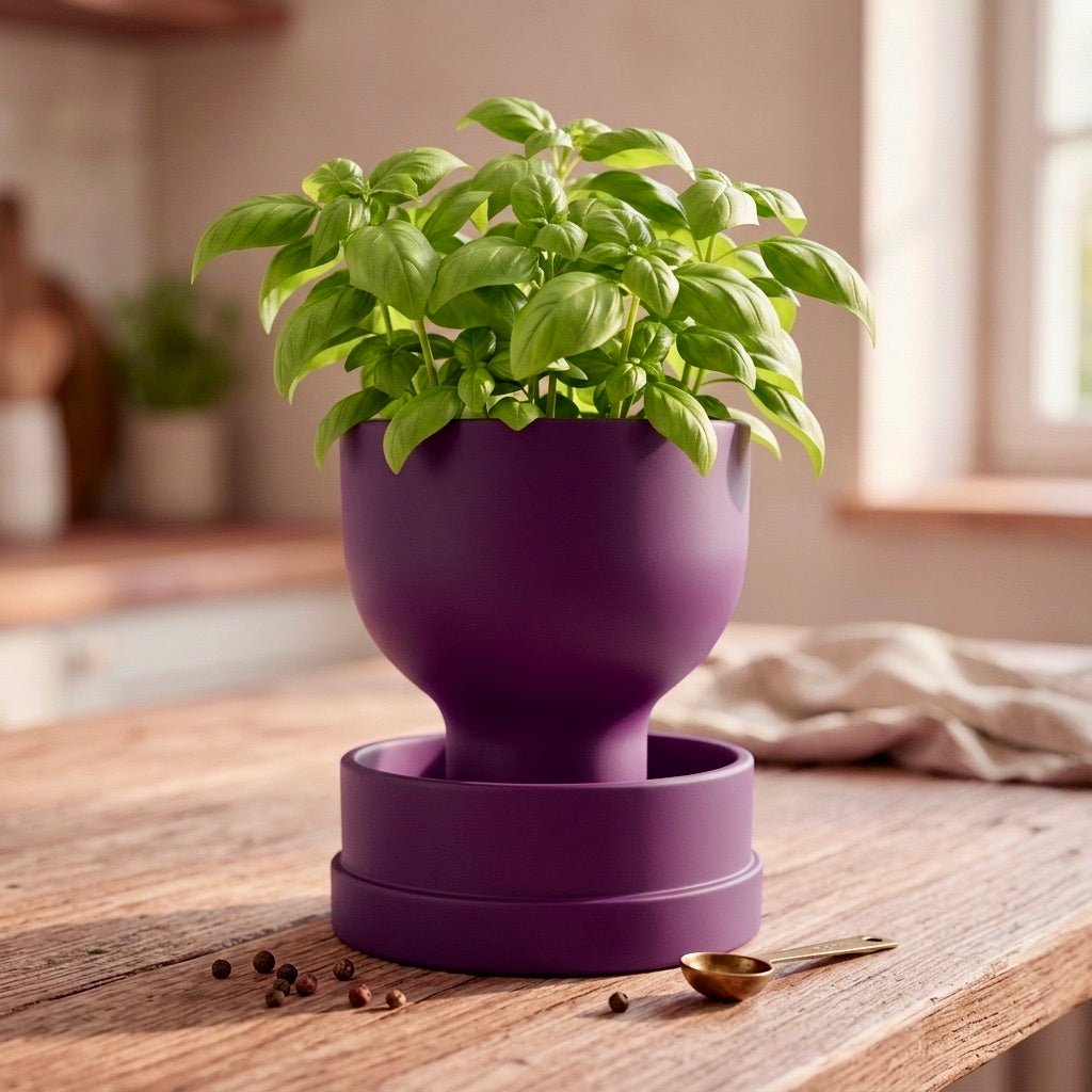 Purple self-watering planter with modern reservoir design by Pashmation