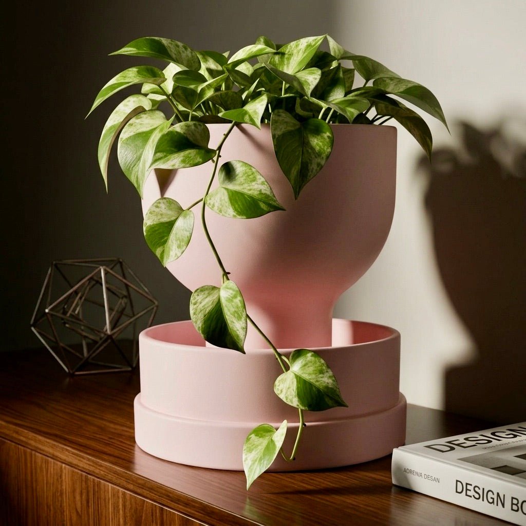 Pink self-watering planter with modern reservoir design by Pashmation