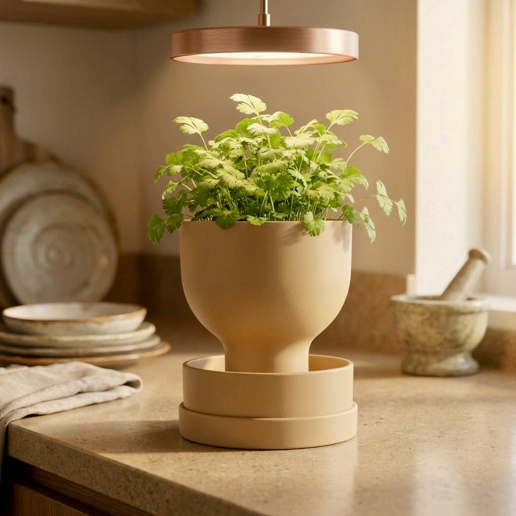 Tan self-watering planter with modern reservoir design by Pashmation