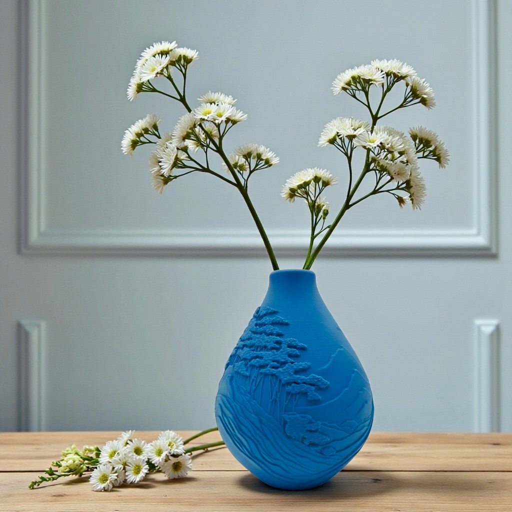 Dark Blue Mountain Peaks Vase on modern shelf – tall sculptural relief decor