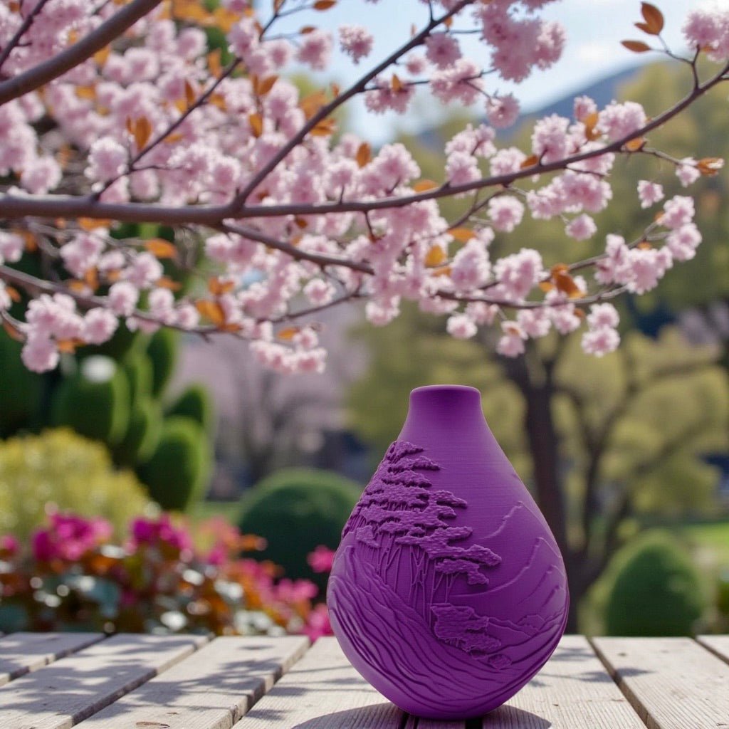 Purple Mountain Peaks Vase with dried botanicals – sculptural relief decor