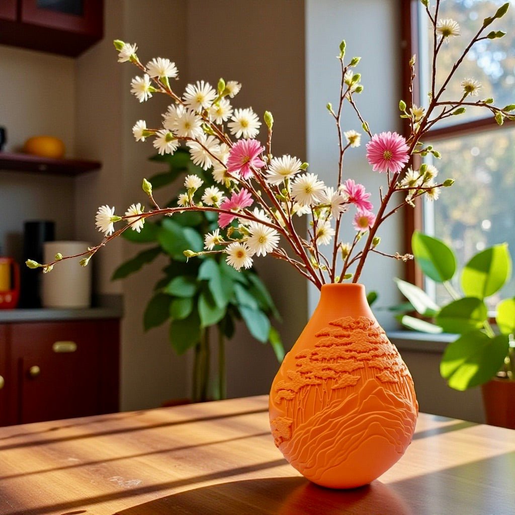 Orange Mountain Peaks Vase with dried botanicals – sculptural relief decor