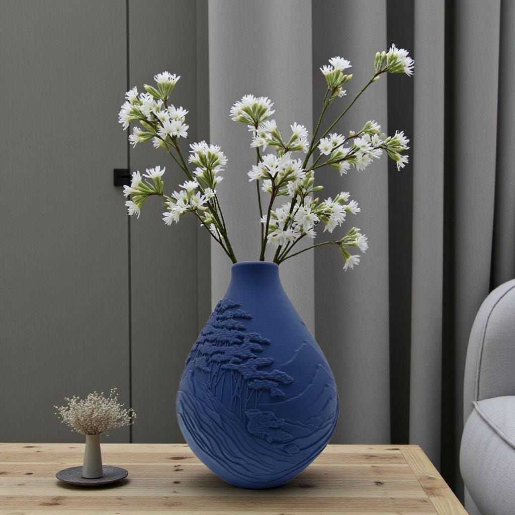 Dark Blue Mountain Peaks Vase on modern shelf – tall sculptural relief decor
