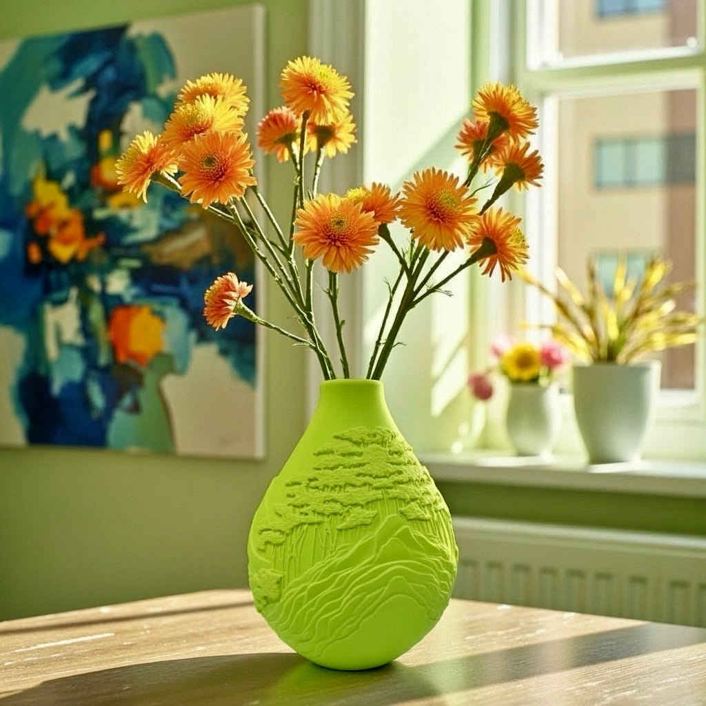 Lime Green Mountain Peaks Vase – sculptural landscape relief decor