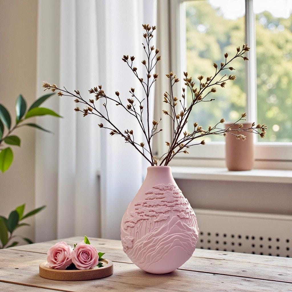 Pink Mountain Peaks Vase with dried botanicals – sculptural relief decor