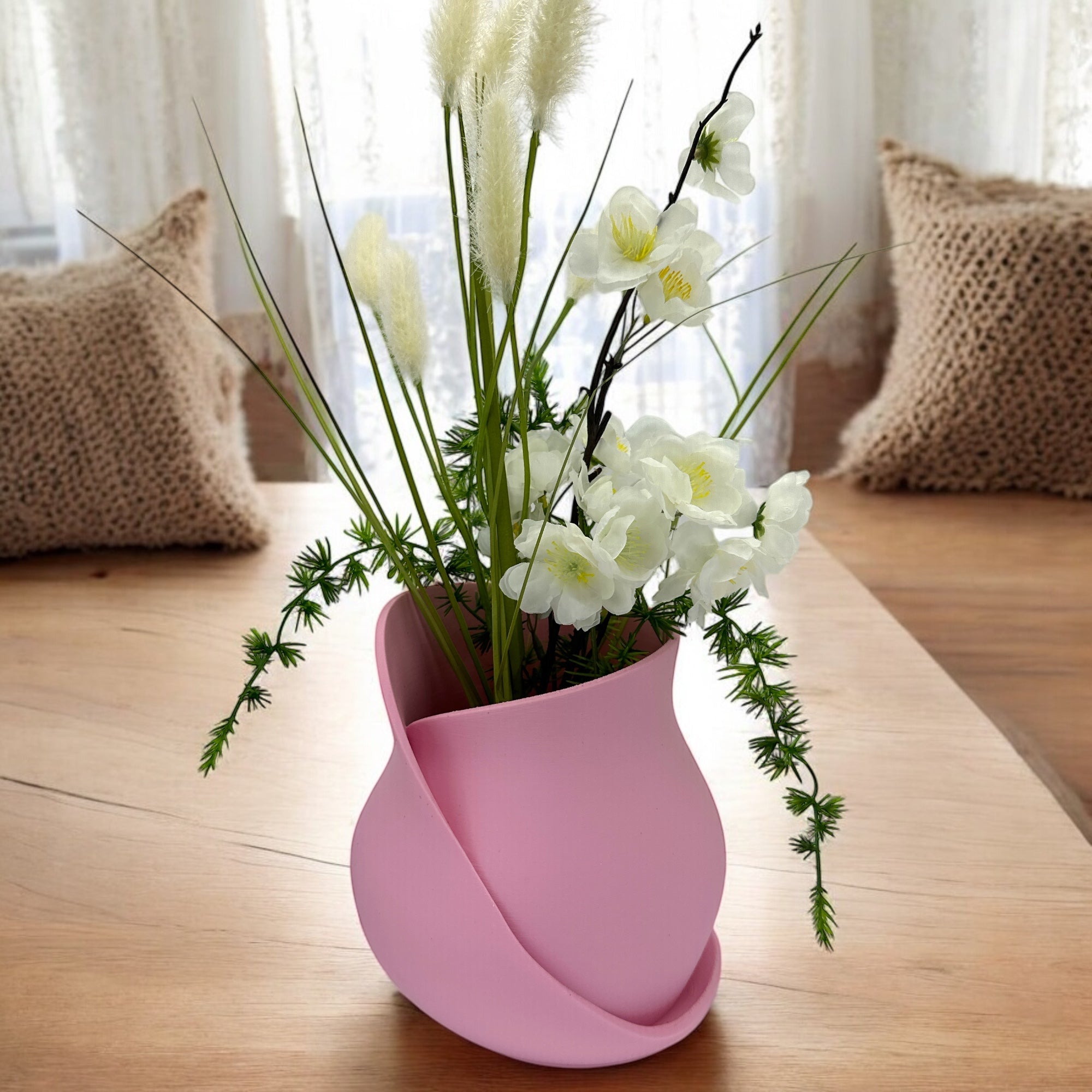 Pink twisted ribbon vase close-up with curved texture by Pashmation