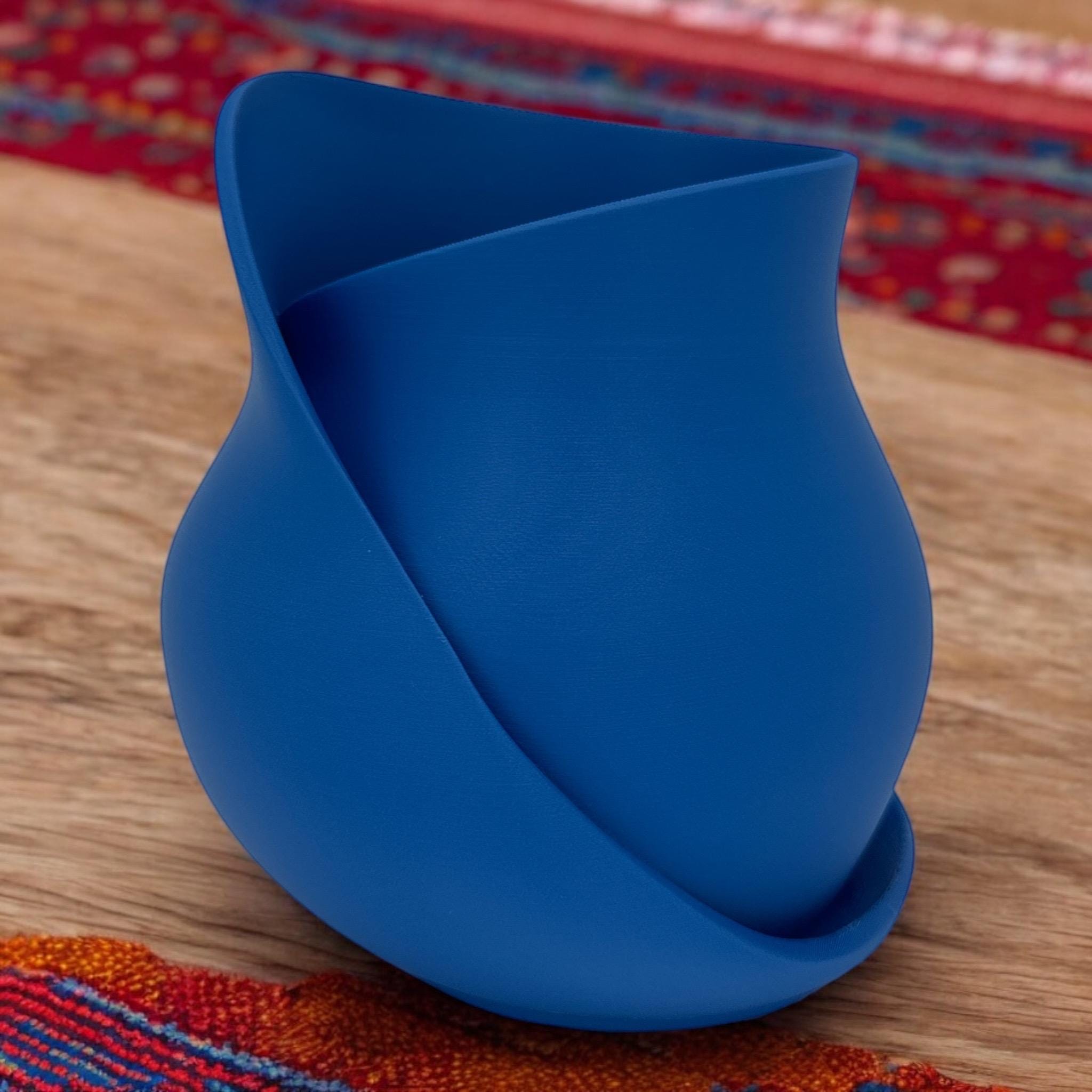 Marine Blue Curved Wrap Vase – asymmetric sculptural centerpiece