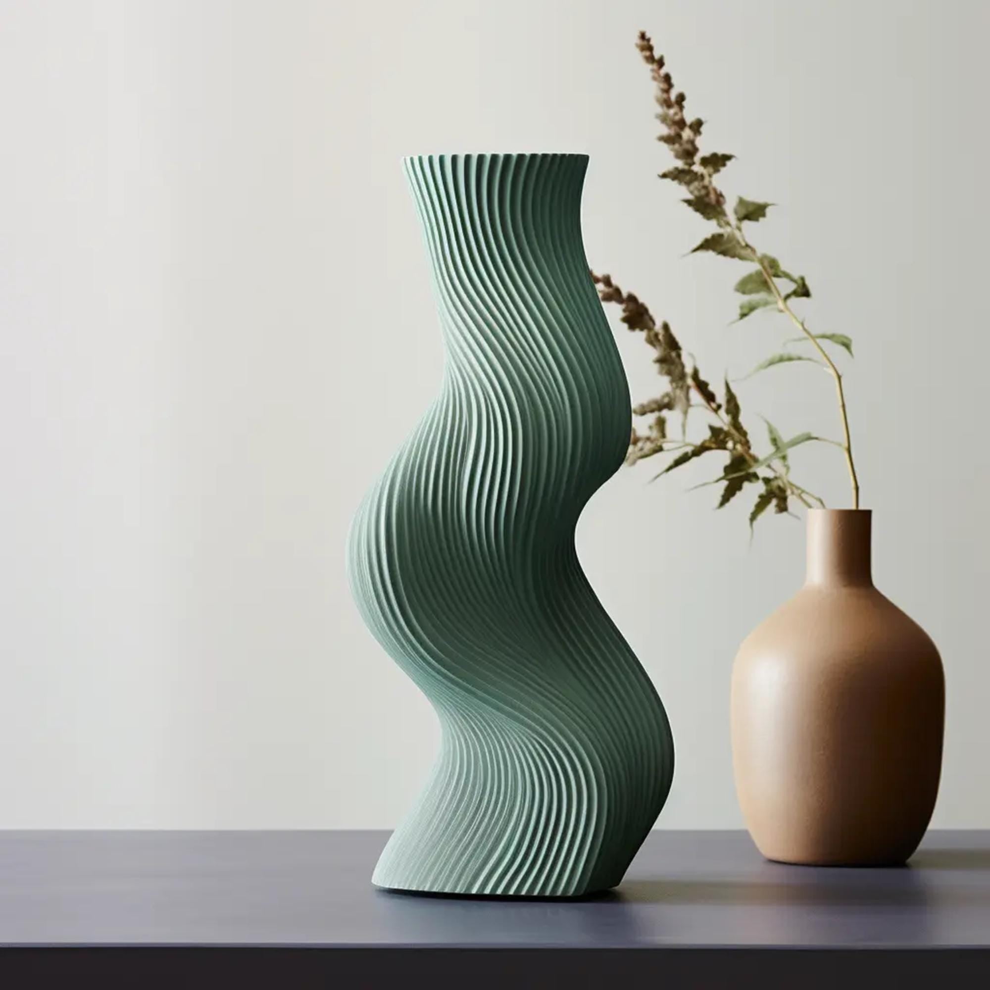Uzoo Tanasul Vase styled on tall stand – sculptural wave centerpiece