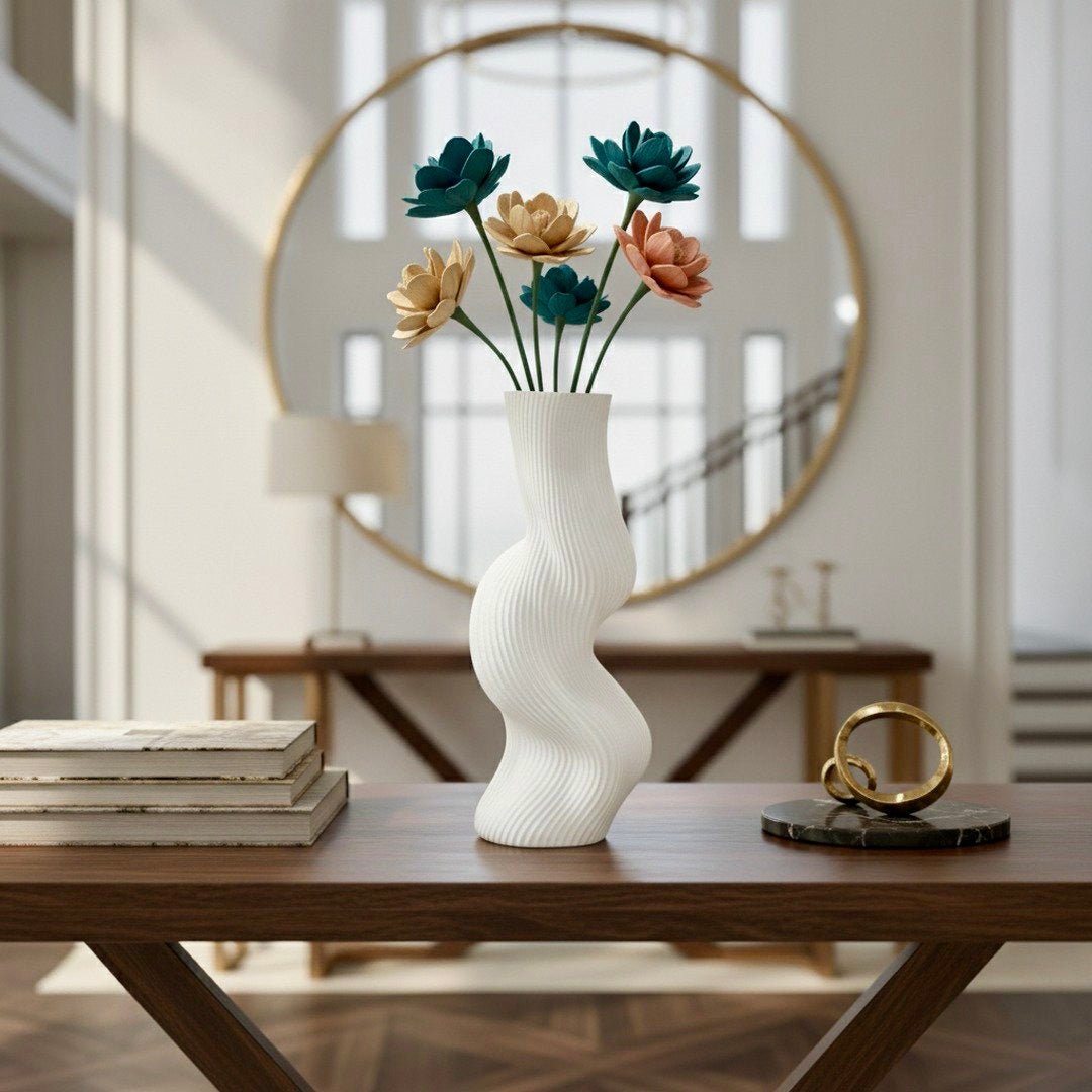 White Uzoo Tanasul Vase on dining table – undulating wave centerpiece